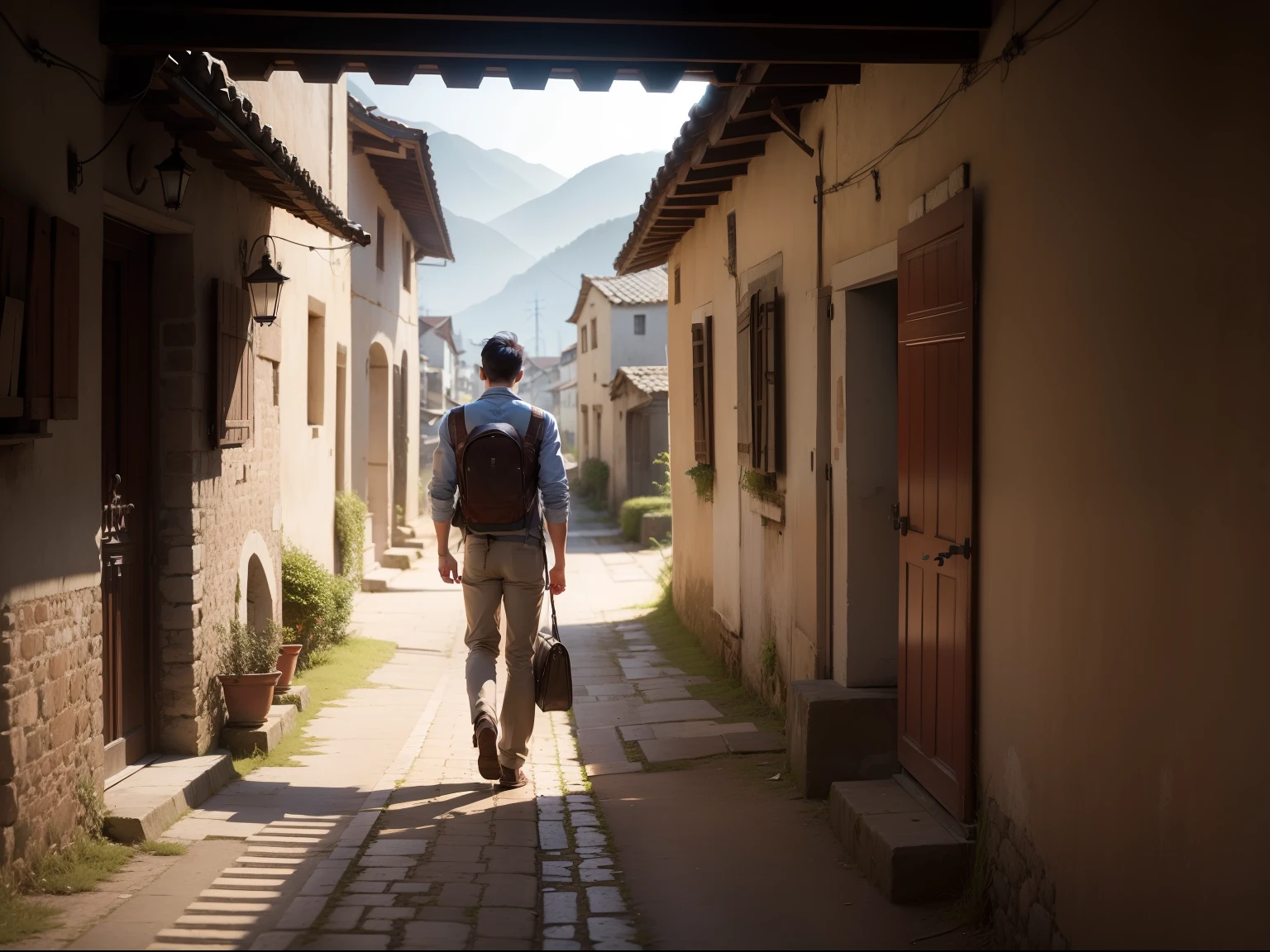YOUNG MAN FROM ANGLE ON HIS BACK WALKING TOWARDS AN OLD VILLAGE