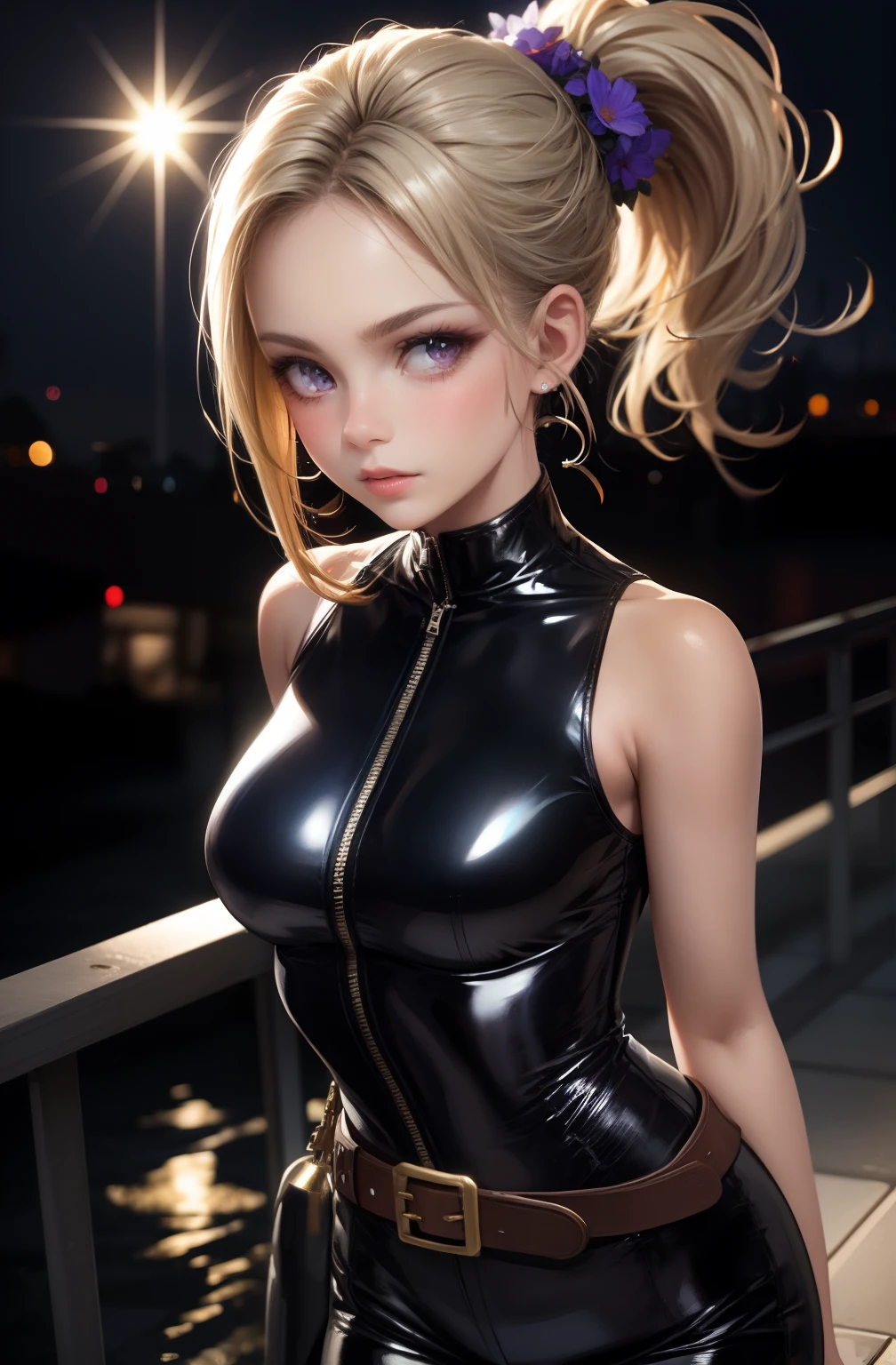 Upper body, Chest to face, Sleeveless, Realistic, One girl, Blonde, Purple eyes, Shining eyes, , parted lip, Blush, Night, flower, Sun, Sunlight, blue-black leather pants, Silver zipper,Belt below the waist,Super fine illustration,blond hairbl , showing forehead, silver center zipper, leather blue black bodysuit, sleevelesblue blacks, Shiny, Blonde ponytail