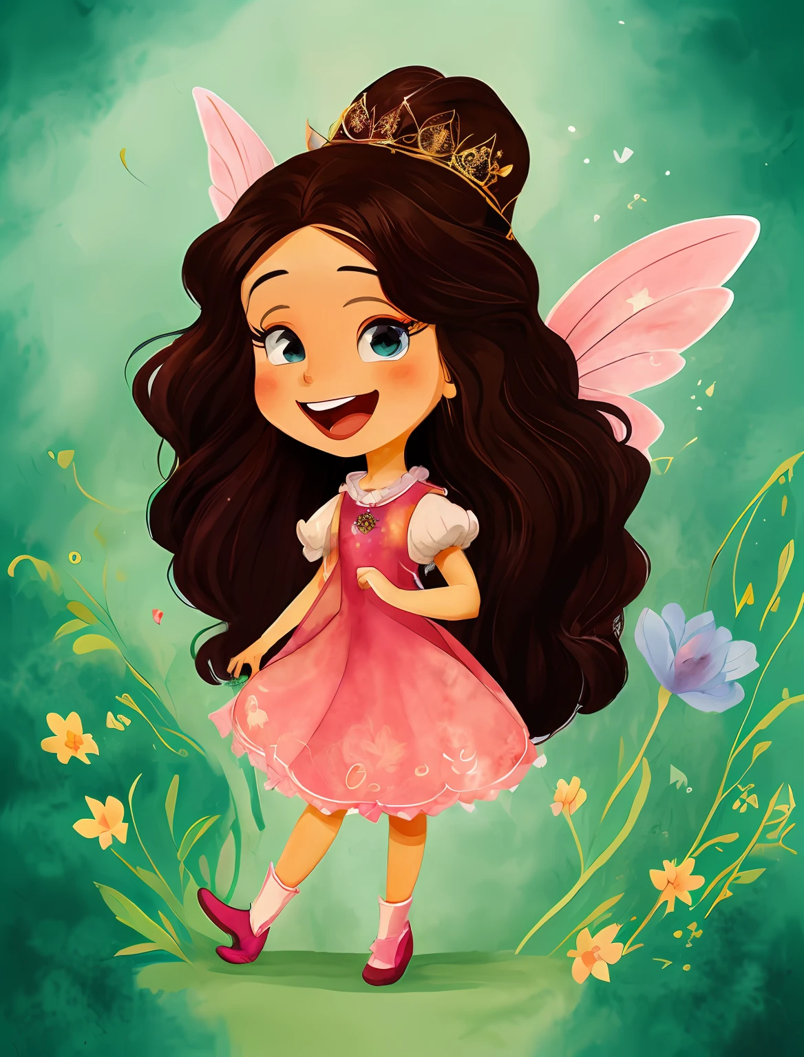 Menina fada dos desenhos animados cartoon com cabelo castanho longo e vestido rosa com branco, Andar ereto de corpo inteiro, full-body drawing showing feet, usando sapatilha rosa delicada,  multiples poses and expressions, com pequeno, Symmetrical fairy wings, fada bonita, sorrindo como uma rainha de fadas, girl fada morena, Retrato da princesa da fada, Retrato de uma fada, princesa fada, bela arte digital, Retrato da fada, space flower fairy, painting digital adorable, arte digital detalhada bonito fundo branco simples, fada bonita, Driving style: Marie Angel estilo desenho animado aquarelado, arte estilo aquarela 2D com fundo branco simples