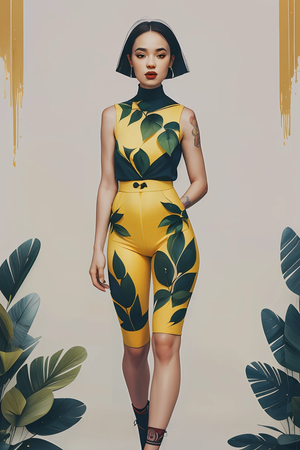 ankymoore, Bottom-up view, 1rapper with short yellow hair with tattoos, white and red sexy clothes(cameltoe), graffitti background, (masterpiece), (best quality:1.2), absurdres, intricate details, flowers, leaves, roots