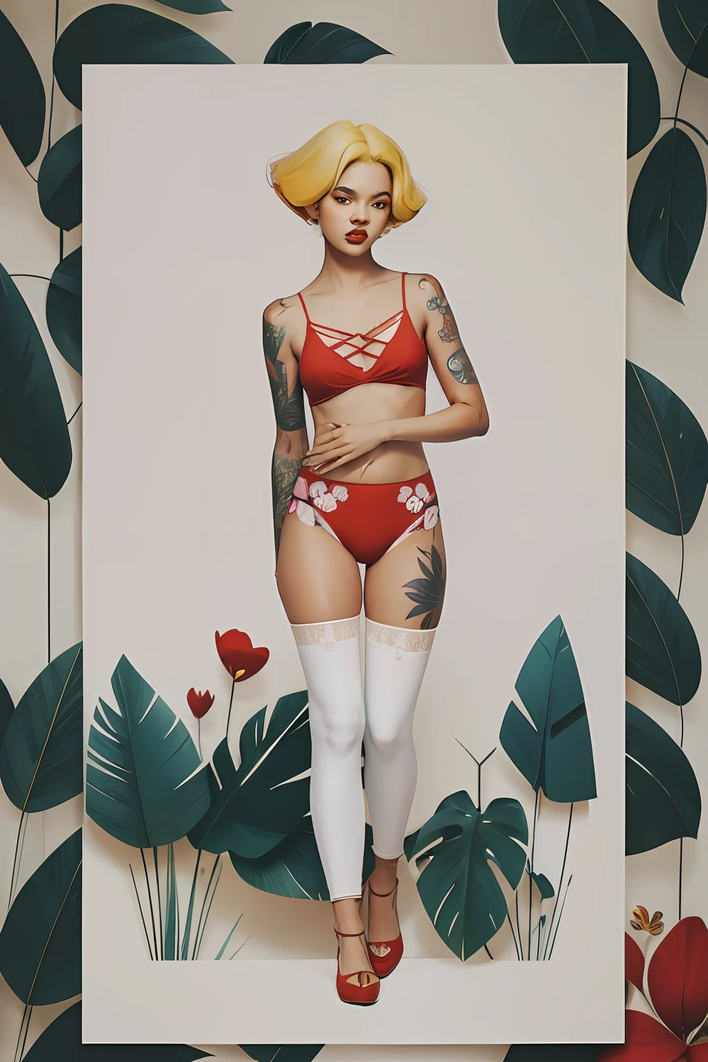 ankymoore, Bottom-up view, 1rapper with short yellow hair with tattoos, white and red sexy clothes(cameltoe), graffitti background, (masterpiece), (best quality:1.2), absurdres, intricate details, flowers, leaves, roots