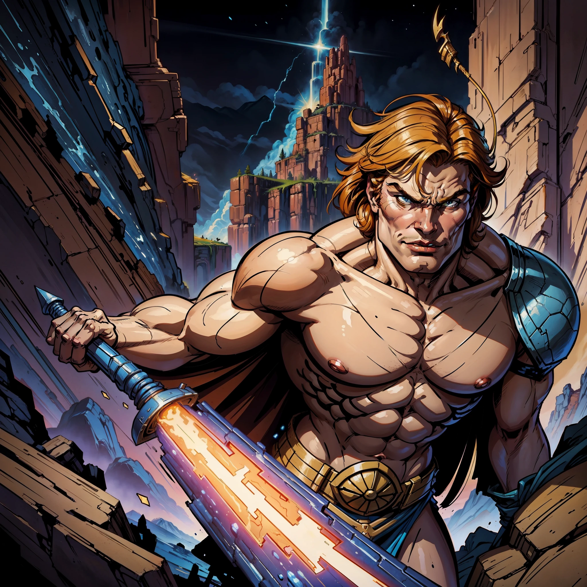 He-man holding up his power sword, fantasy alien landscape, ((in the style of Earl Norem)), masterpiece, oil painting