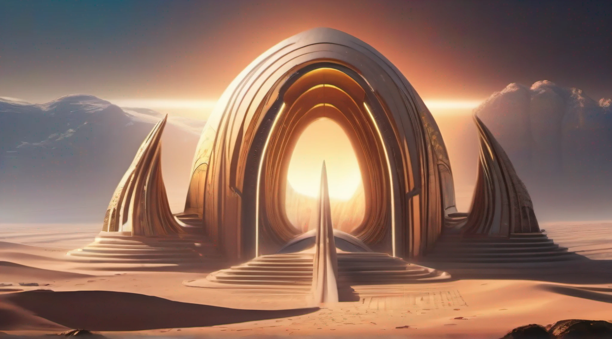 Outside view of an alien temple on a planet illuminated by a star of the first magnitude, The temple has its structure in curvilinear architecture and gleaming and translucent material, From the top of the temple a cosmic light emanates energy towards space, fiction art, detalhes intrincados, arte premiada, obra prima, 8k