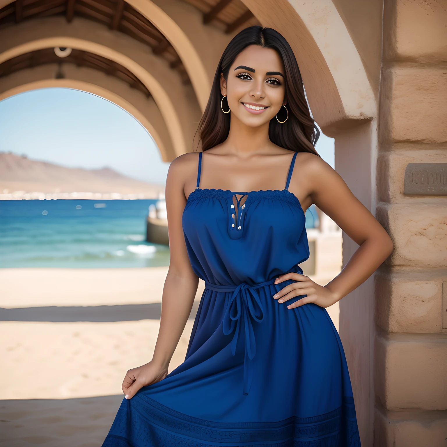 A beautiful smiling Canarian girl in an indigo dress, Instagram Influencer, Caliente en CANON R5, muelle 85 mm, photo session, profundidad de campo, Incredibly detailed intricate, Hiper maximalista, elegante, hiperrealista, Super detailed, dynamic  pose, centrado, Cinematographer, luz natural, dynamic, Altamente detallado, foco nítido