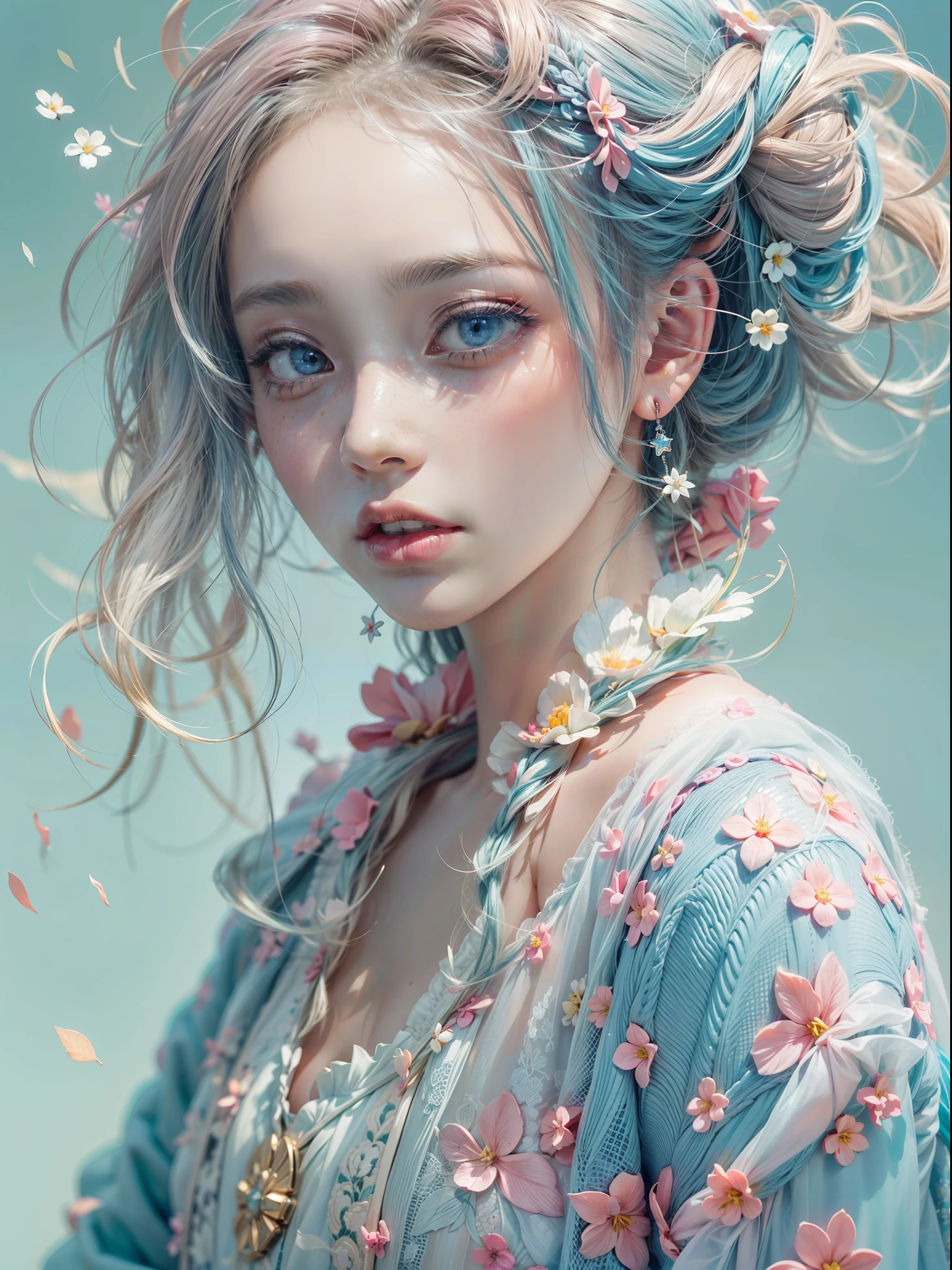 girl with(独奏)、Photo、Fantastical、(Loretta Luxe:1.3)、PastelColors:、hitornfreckles、surrealism:1.1、Low contrast:1.2、ultra-detailliert、8K、perfect blue eyes、Photo:1.9,