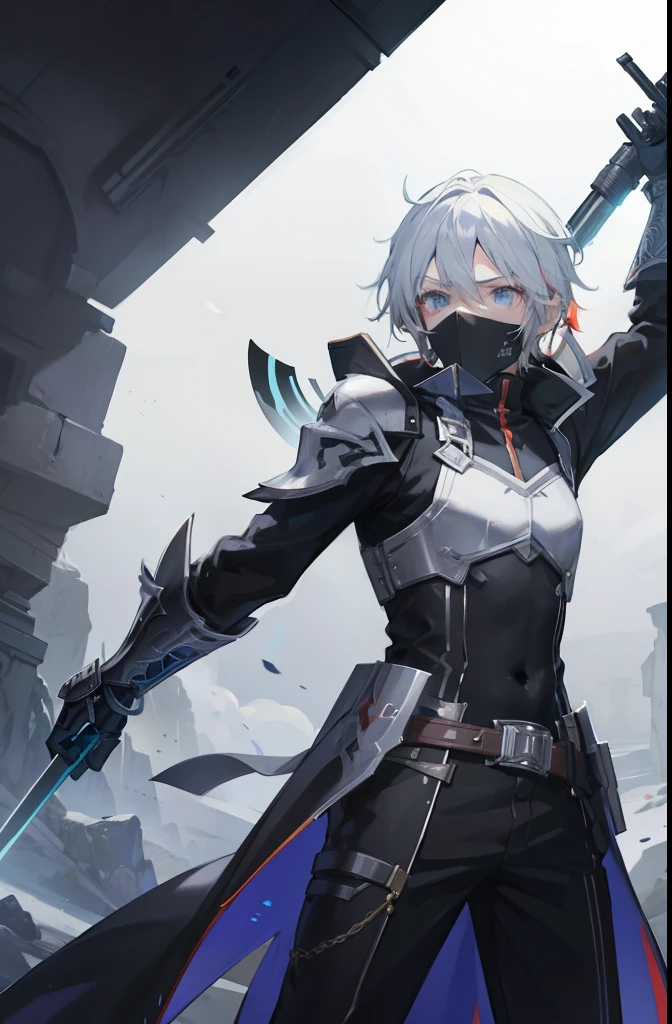 (masterpiece) In the virtual world of Sword Art Online, a dynamic and epic scene unfolds as a boy with artfully styled white hair and a mysterious mask covering his face confidently strides through a dark dungeon. His attire consists of intricately designed armor clothing that accentuates his powerful presence. In his hands, he wields a sleek sniper rifle, ready to take on any challenge that awaits.