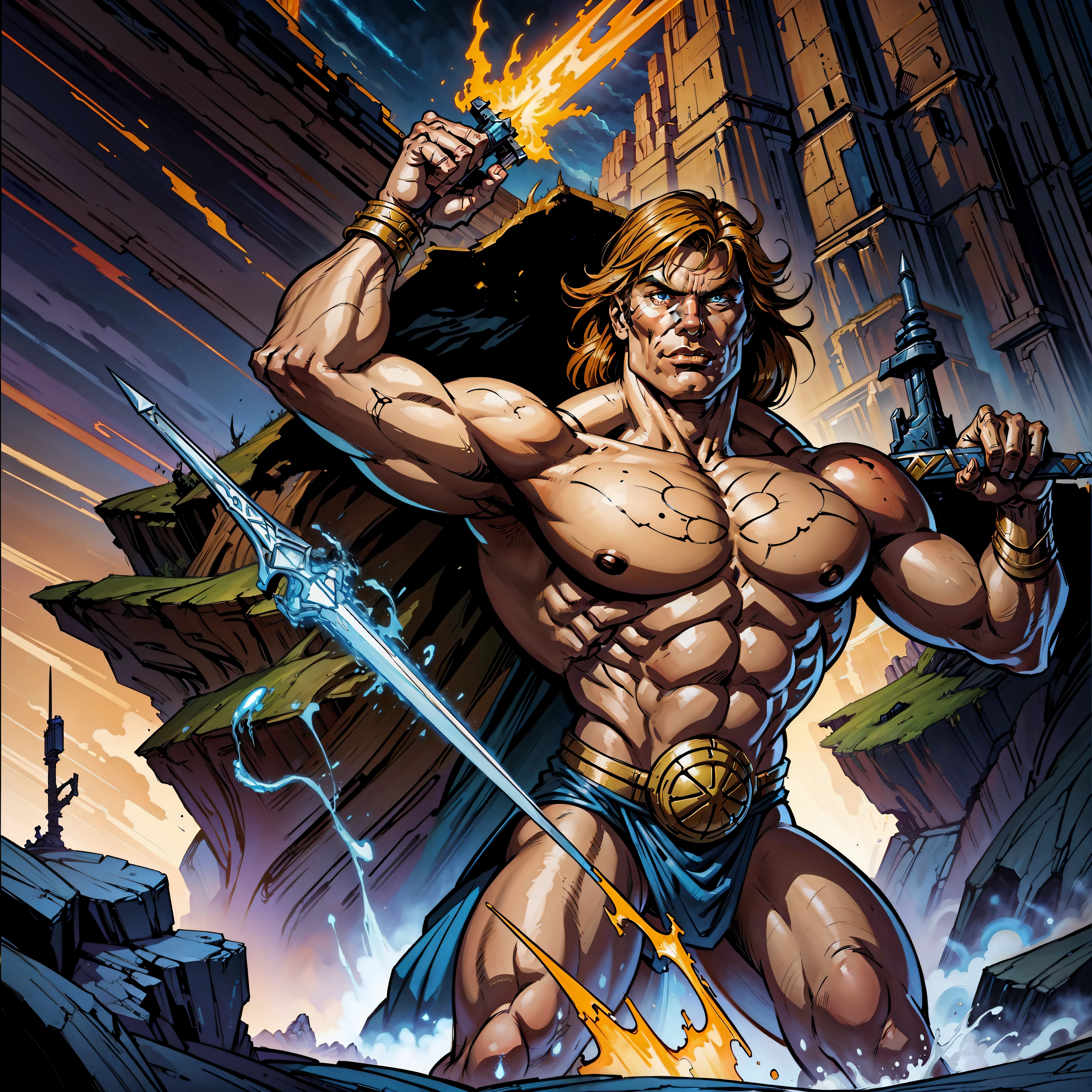 He-man holding up his power sword, fantasy alien landscape, ((in the style of Earl Norem)), masterpiece, oil painting