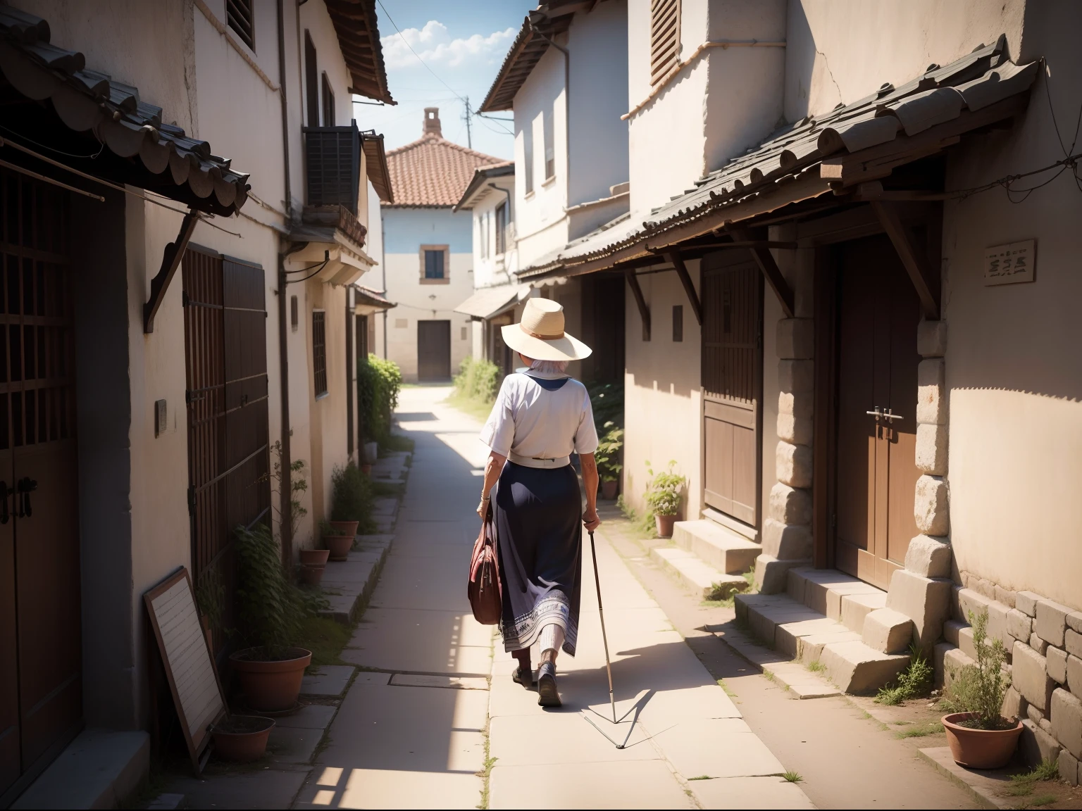 ELDERLY WOMAN WALKING FROM THE ANGLE OF HER BACK TOWARDS AN ANCIENT VILLAGE