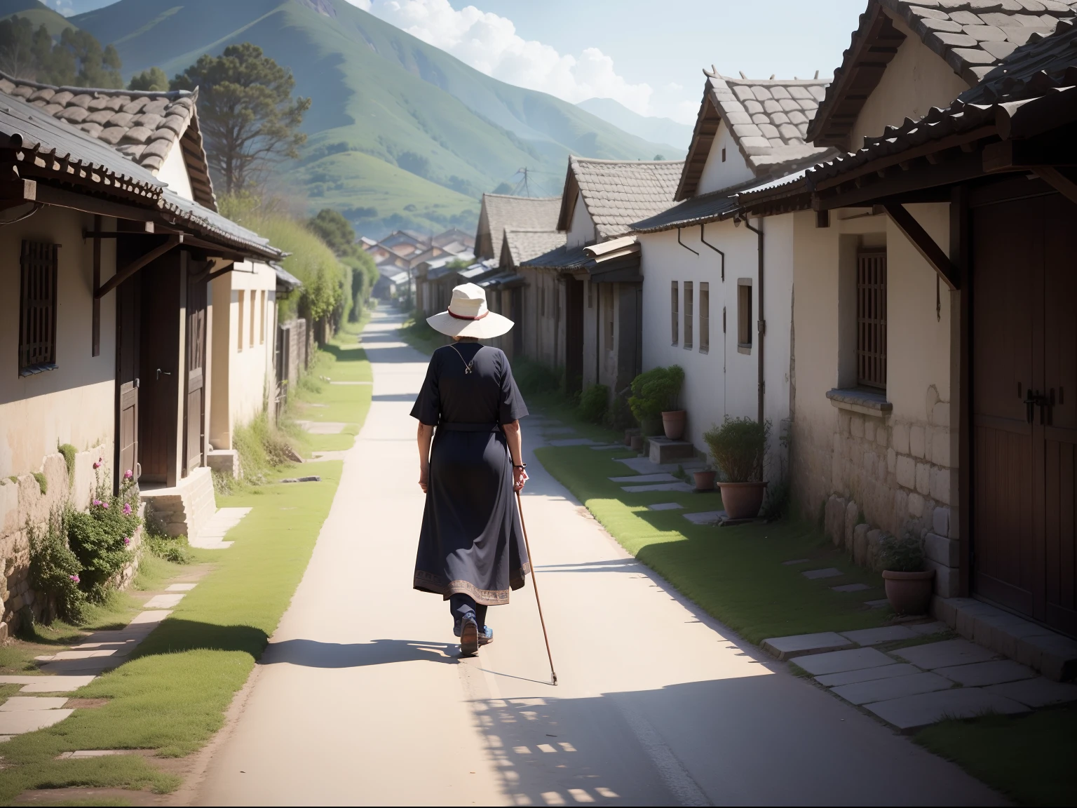 ELDERLY WOMAN WALKING FROM THE ANGLE OF HER BACK TOWARDS AN ANCIENT VILLAGE