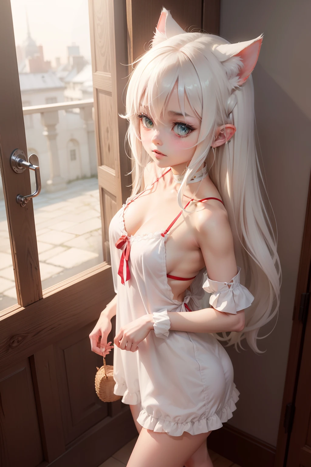White hair and cat ears、Green eyes、full of shyness、red blush、Medium chest、Bare legged、Shoulder、doress、from side view、highly contrast、Soft light、masuter piece、Extraordinary lovely anime girl,1girl in, Solo, masutepiece, lalafell, pointy ear, Full body,Brown-skinned ,Katyusha ,Brown-skinned ,