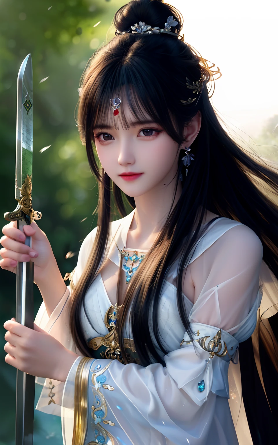 best quality,masterpiece,highres,cg,
1girl,weapon,sword,long hair,dress,water,solo,jewelry,white dress,earrings,hair ornament,splashing,upper body,hair bun,black hair,
lighting,candid,Photograph,high resolution,4k,8k,Bokeh,