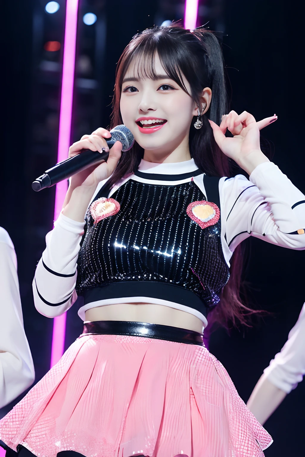 「NSFW」4k、high-detail、japanaese girl、Healthy skin、modeled、flered skirt、kawaii faces、Popular Japan idols with a smile、Big eye false eyelashes、(((Dancing and singing on stage)))、Lit up、Chic outfits、jumpping、Monotone costume、k pop、(Black Sequin Setup Costume)see -through