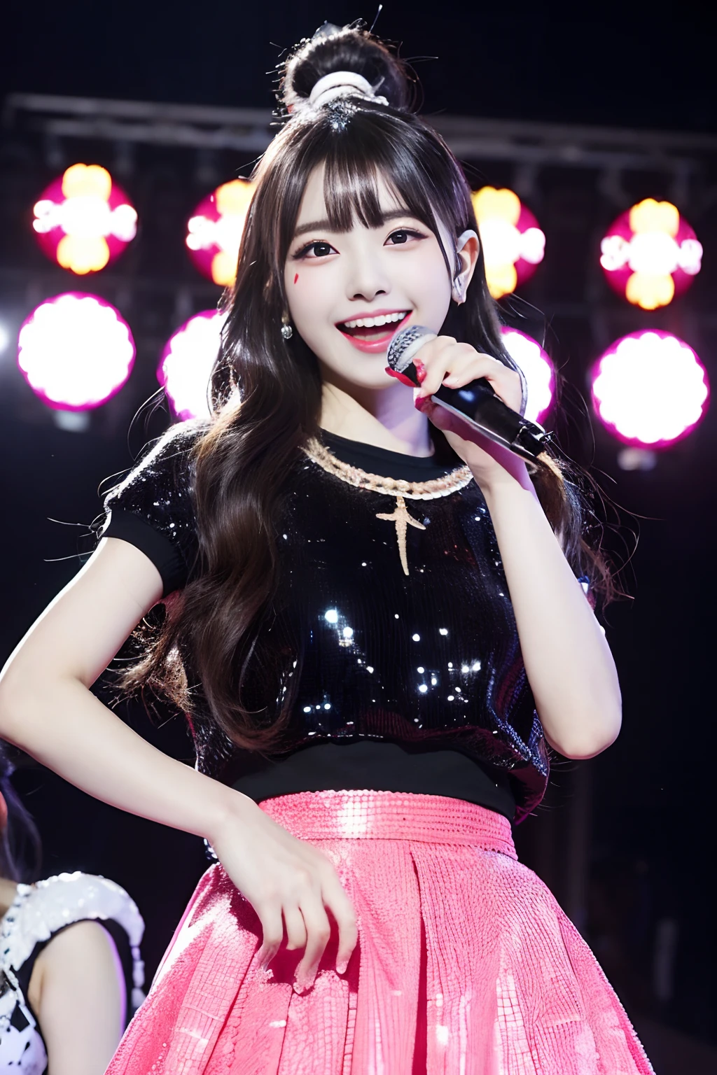 「NSFW」4k、high-detail、japanaese girl、Healthy skin、modeled、flered skirt、kawaii faces、Popular Japan idols with a smile、Big eye false eyelashes、(((Dancing and singing on stage)))、Lit up、Chic outfits、jumpping、Monotone costume、k pop、Black Sequin Setup Costume