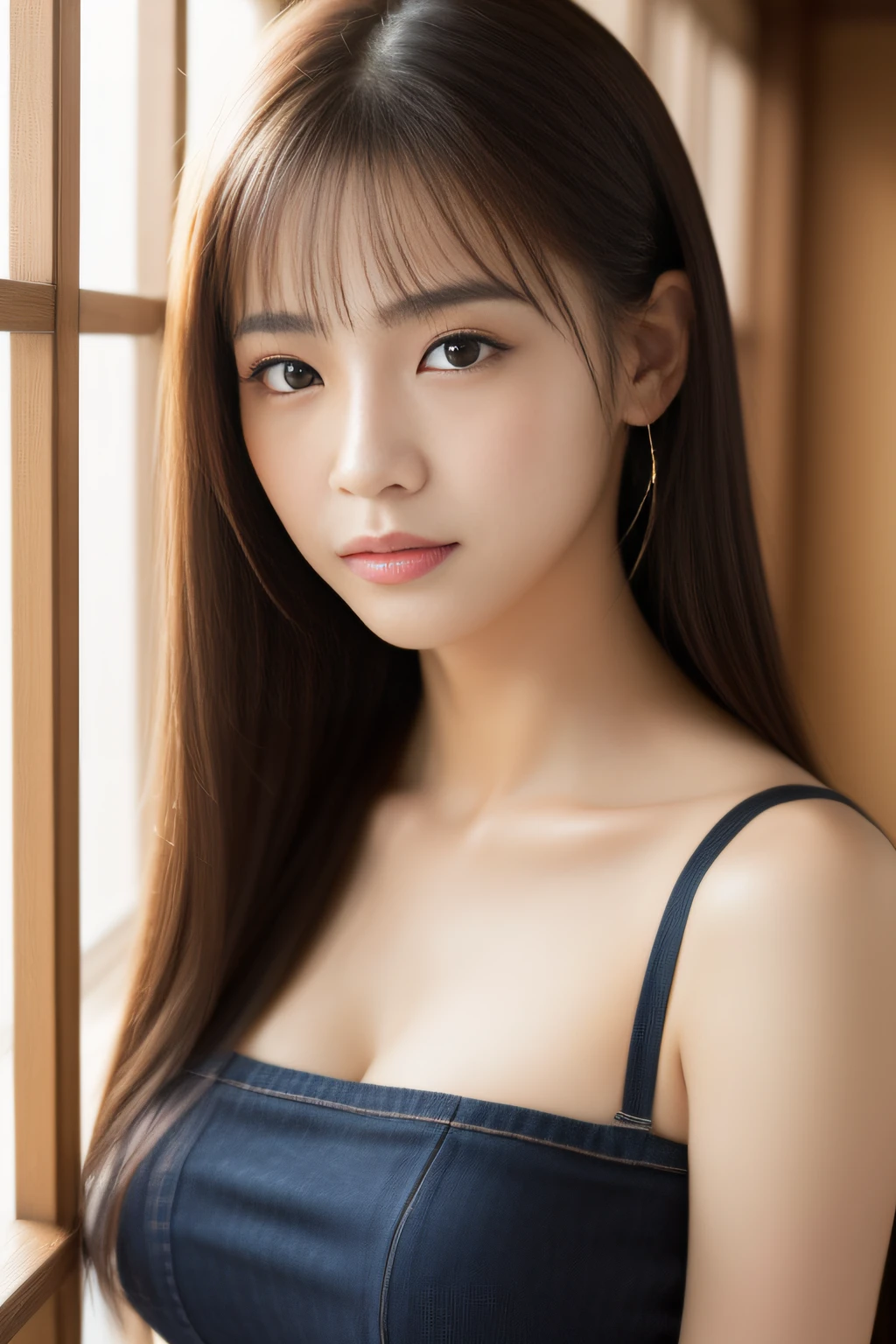 close up face,standing on stage,Blue colored long dress with lots of ruffles,One woman,masutepiece, The highest image quality, High quality, the background is clear,Beautiful woman, Japanese, Detailed, Detailed eyes, Detailed skin, Beautiful skin, 超hight resolution, (reality: 1.4),Very beautiful woman, Slightly younger face, Beautiful skin, slender, (Ultra photo realsisim), (hight resolution), (8K), (Very detailed) (beautifully detailed eyes), (super detailed), (Detailed face), view the viewer, Fine details, Detailed face, Staring straight ahead, Staring straight ahead, photos realistic, Bright lighting, Professional Lighting, Black hair,poneyTail,a baby face,fifteen years old,Hairstyle is ponytail,long ponytail hairstyle,slight smile,neat and tidy clothing,Beautiful Japanese KPOP idol photo, hair style is ponytail, my eyes are double and wide, baby face, smile and look straight ahead, slender, small breasts,Blue ribbon on head,