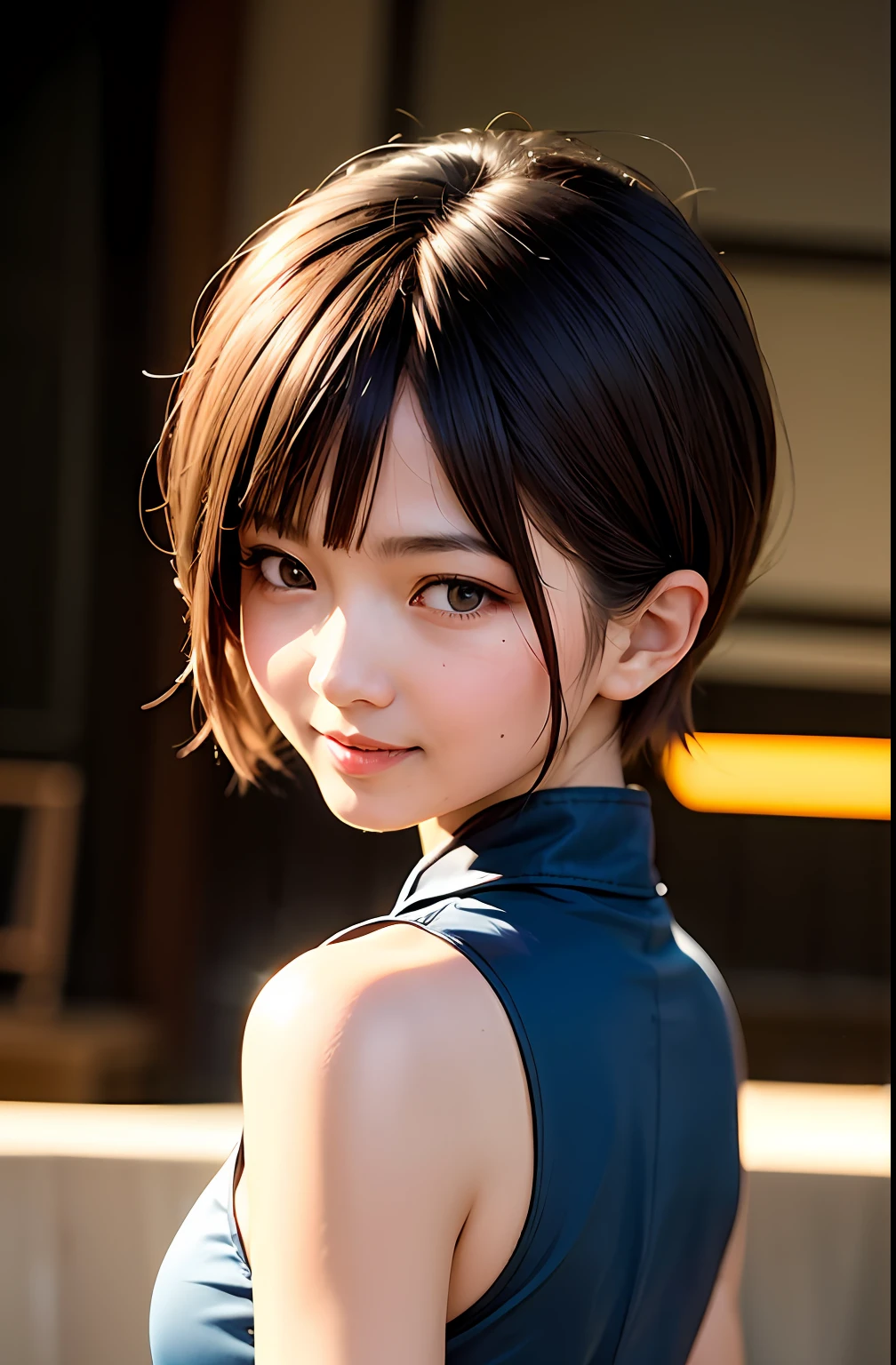 exteriors, The short-haired li smiled, wearing  cheongsam, The gaze of the audience, 35mm film grain, Cinematic lighting, ultra-realistic realism, super detailing, Best quality, 超高分辨率