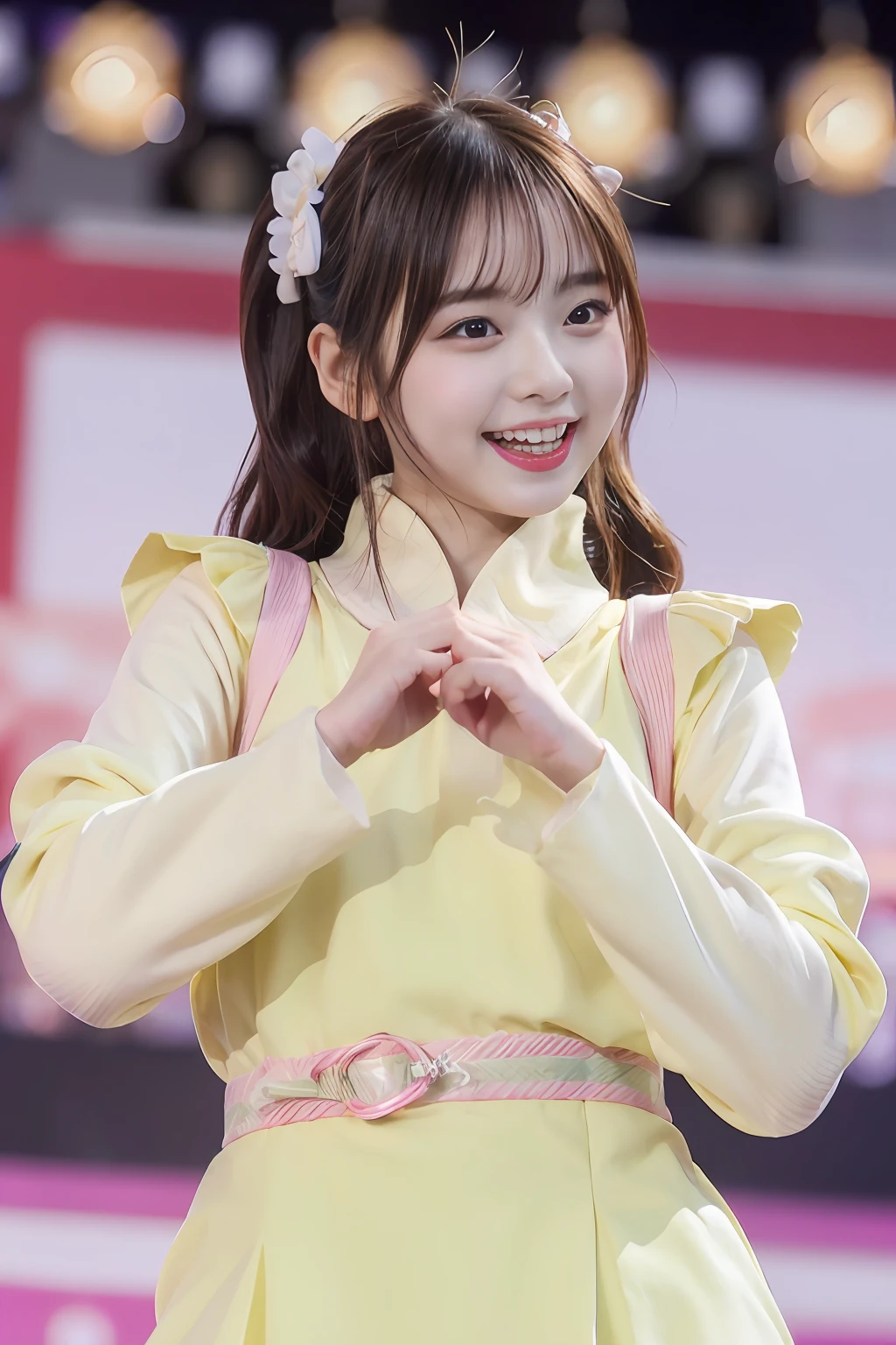 「NSFW」4k、high-detail、japanaese girl、Healthy skin、modeled、Fluttering Dresses、kawaii faces、Popular Japan idols with a smile、Big eye false eyelashes、(((Dancing and singing on stage)))、Lit up、jumpping、Korean adult idols、Mature costume