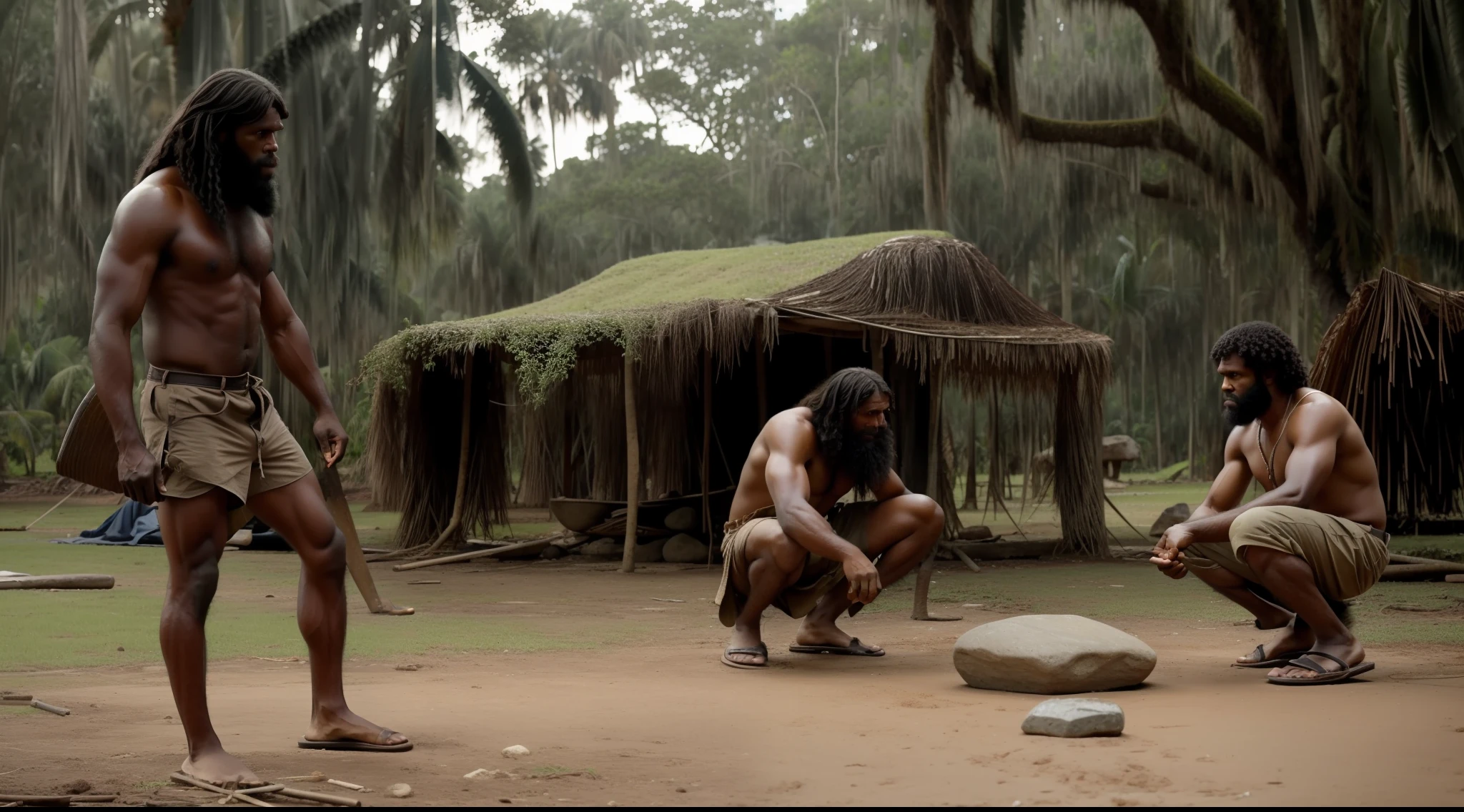 in a plantation environment, A caveman is standing holding a stone in his hands, looking at another injured caveman on the ground
