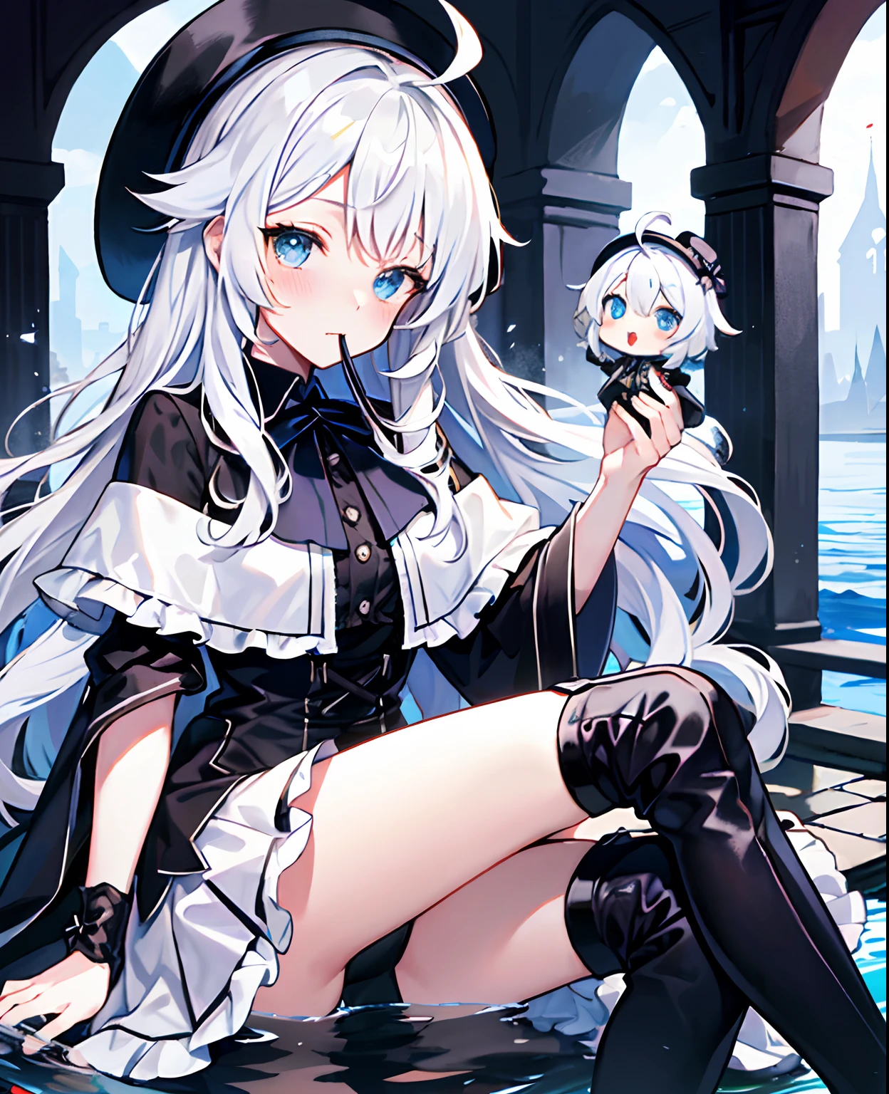 tmasterpiece, Best quality at best, against backlight at dusk, dolls, ahoge, Hair over the shoulder, long white hair, Water-colored eyes, blush of nose, eBlue eyes, bucket-hat, cloaks, Gothic_ta, beret, hand_To_Mouth,thigh boots,Absolute realm,upper legs,your legs,thigh boots