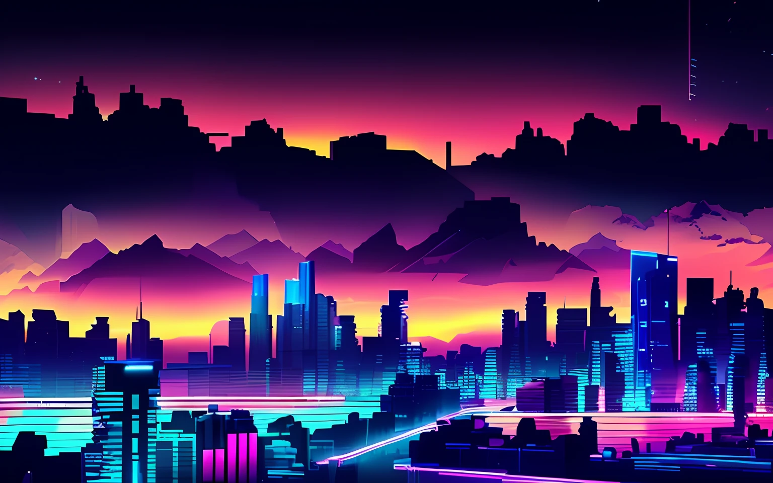 uma paisagem urbana iluminada com uma montanha ao fundo, Jen Bartel, Epic retrowave art, kilian eng cores vibrantes, 4 k hd wallpaper illustration, Cidade Vaporwave, Cyberpunk Pixel Art, Arte digital detalhada em 4k, Cidade Neon ao fundo, 8k hd papel de parede arte digital, 4K HD papel de parede ilustrativo, masterpiece epic retrowave art