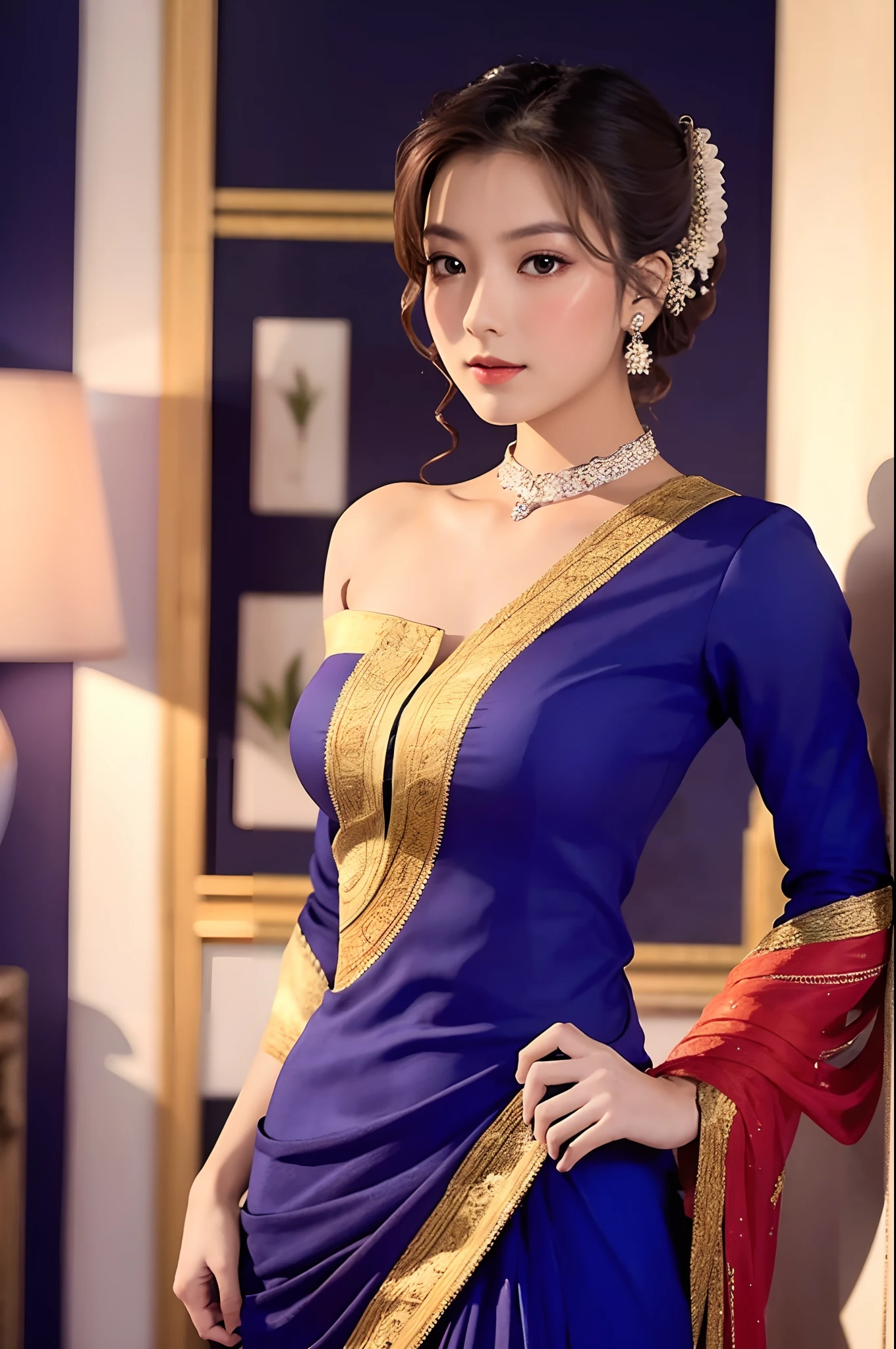 "Beautiful girl wearing elegant attire."