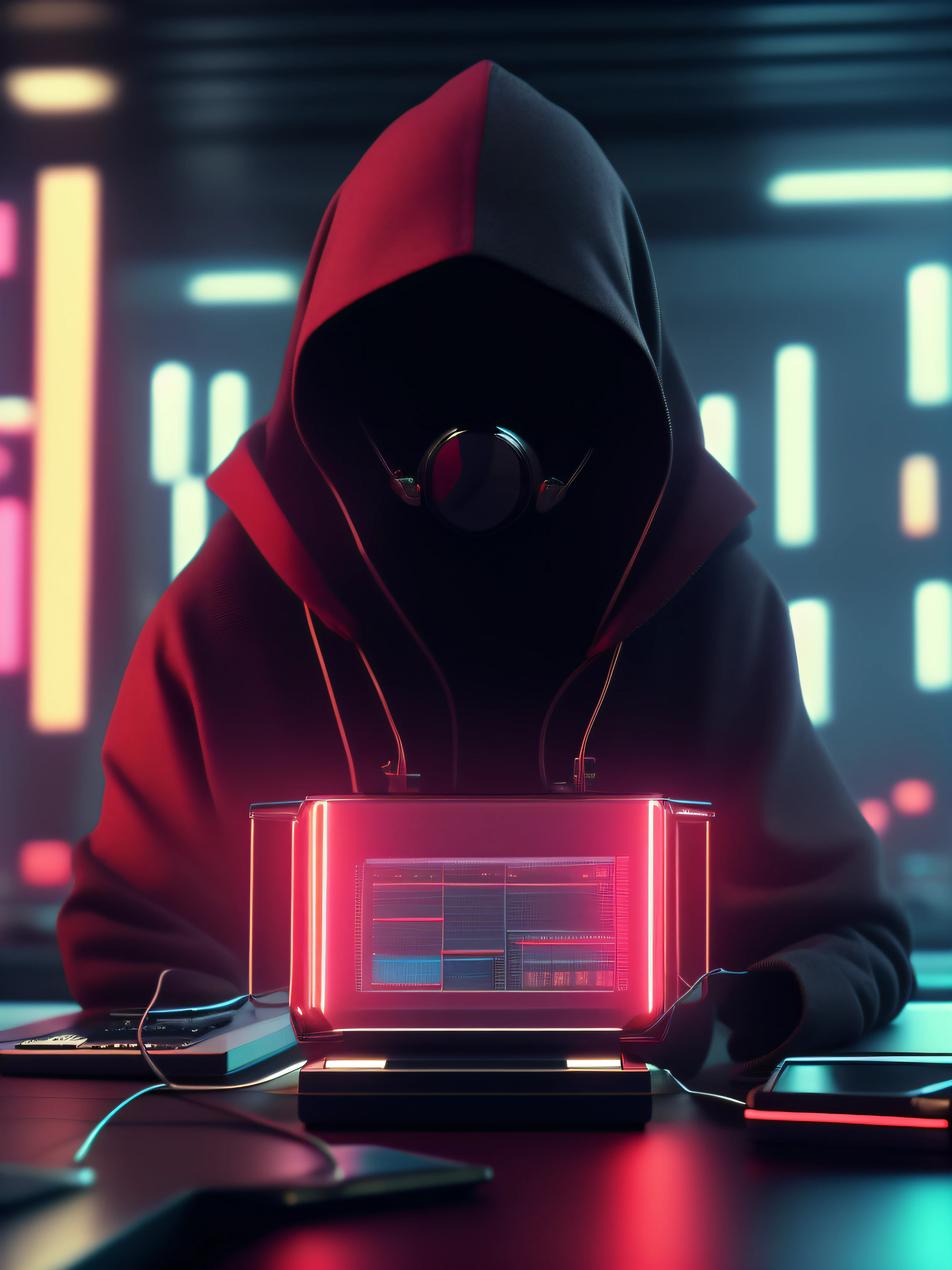 NeonNinja style, a close up of a person wearing a red hood there is a large ball in the middle of a room, a close up of an electronic device on a table