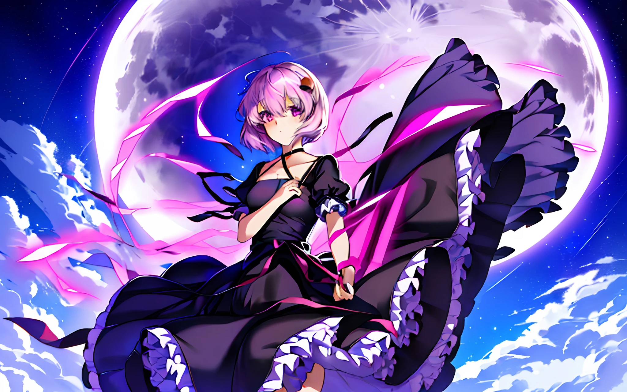 anime girl in black dress with pink ribbon and full moon, gothic maiden anime girl, anime girl wearing a black dress, flat chest, from touhou, rogue anime girl ayanami rei