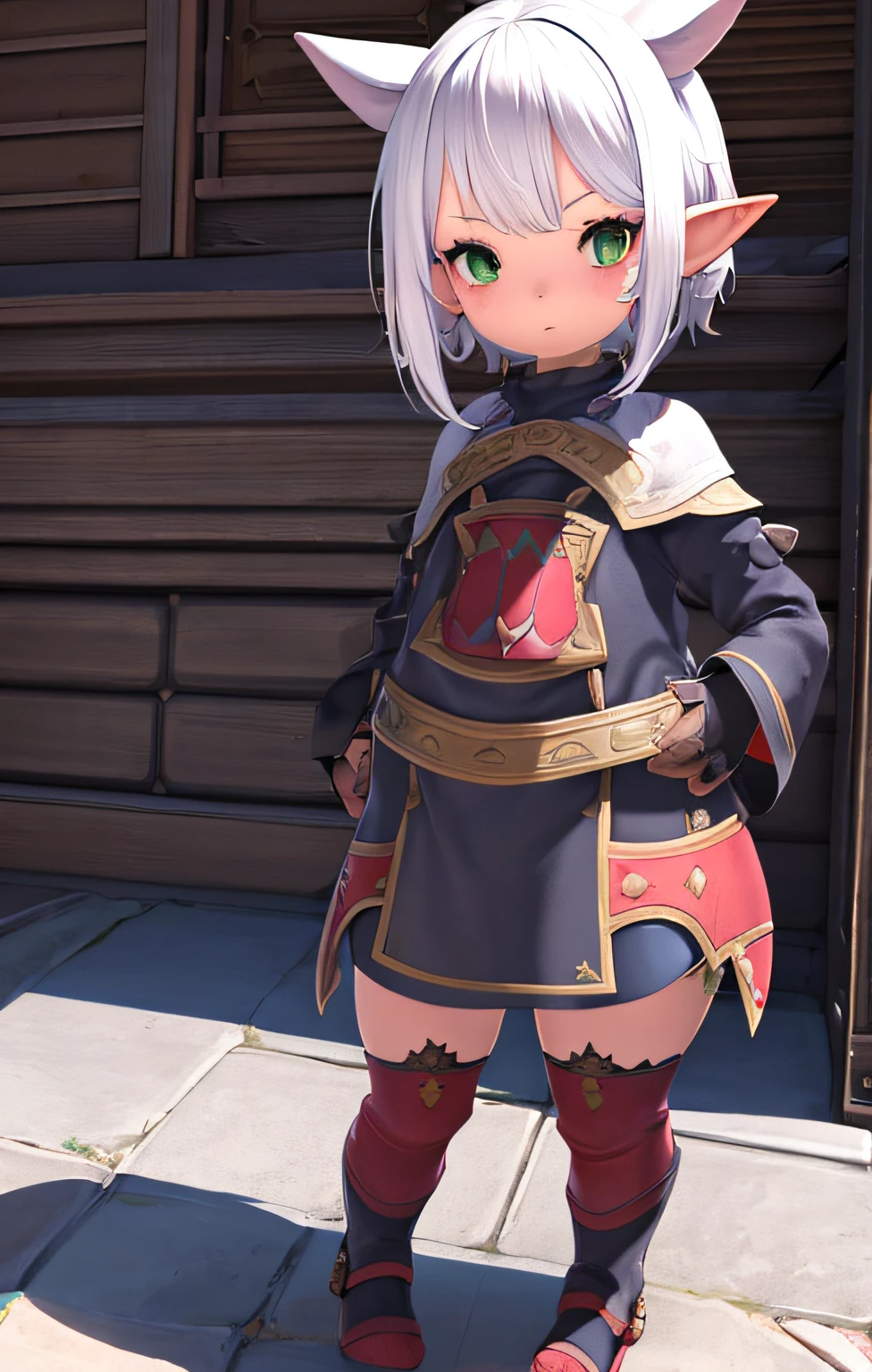 1girl in, Solo, masutepiece, lalafell, pointy ear, BREAK
looking at viewer, Full body,White hair and cat ears,Green eyes,Burnt skin,Brown-skinned,