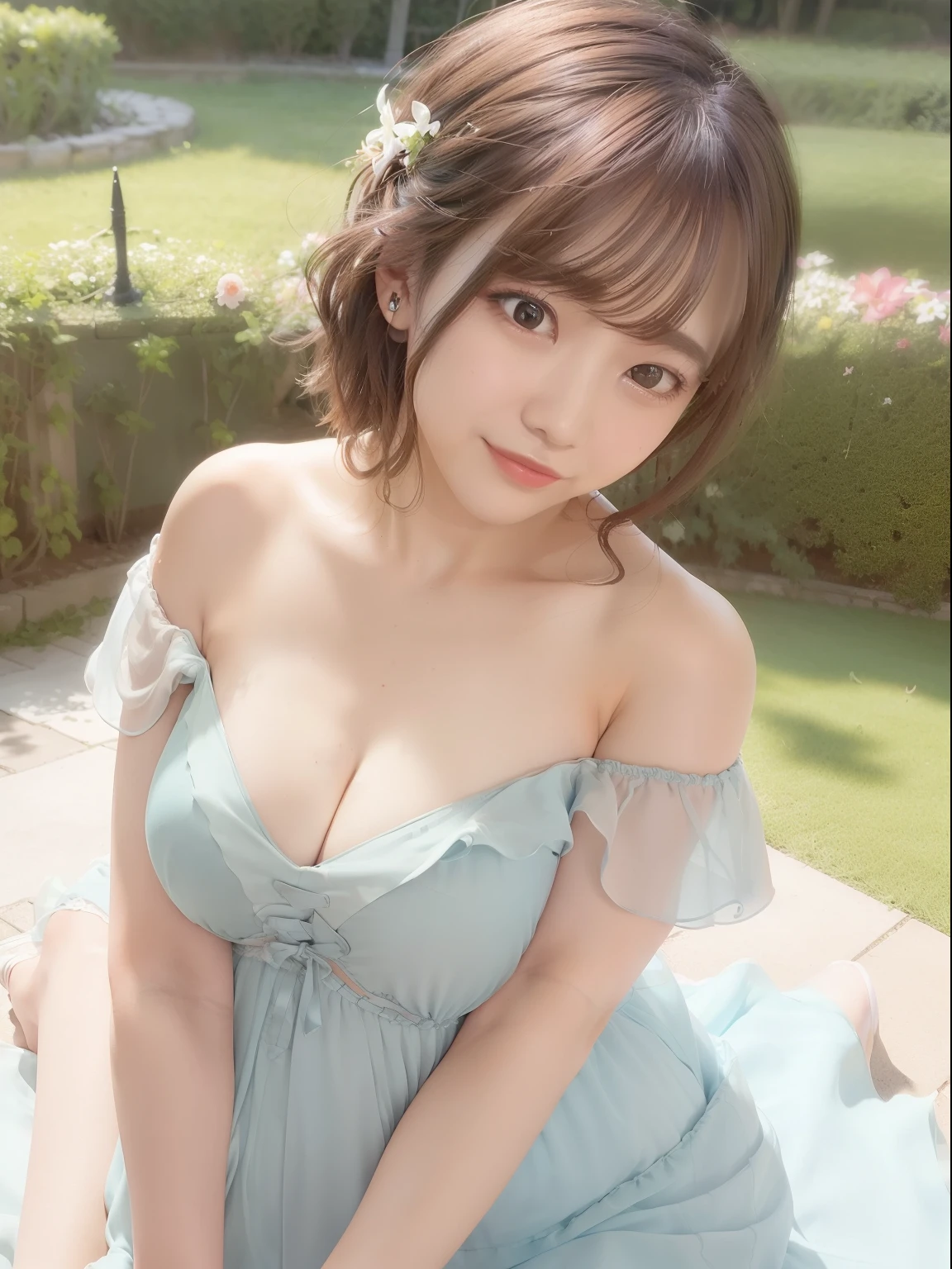 ((of the highest quality, 8K, masutepiece: 1.3, Raw photo)), Sharp Focus: 1.2, (1 AESPA Girl :1.1), (Solo: 1.2), (Realistic, Photorealistic: 1.37), (Face Focus: 1.1), Cute face, hyperdetailed face, huge-breasted, Breasts that are about to spill out, Short messy hair, Small Smile, plump figure、(Off-the-shoulder chiffon dress:1.3), Sleeping Pose, garden, Glory lily