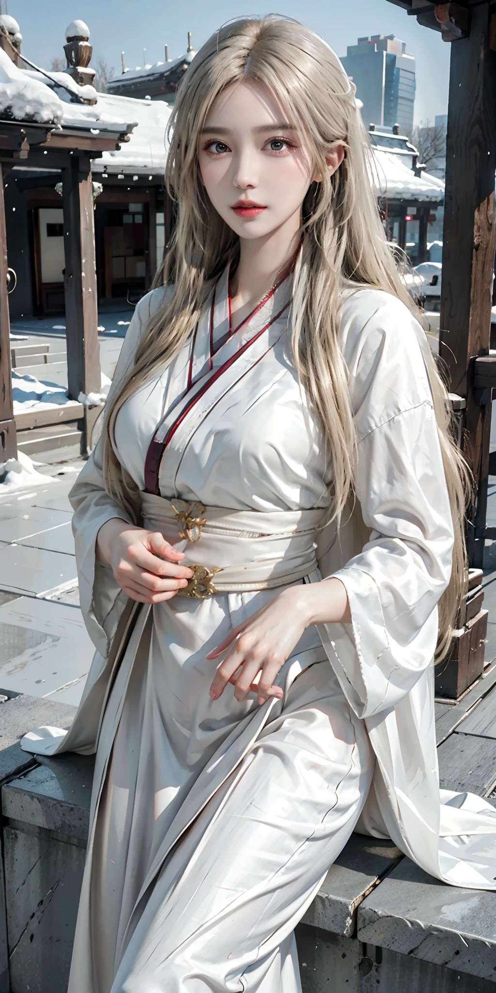 photorealistic, high resolution, soft light,1women, solo, hips up, shining skin, (detailed face), jewelry, blonde hair, hanfu, cloak, outdoor, snowy