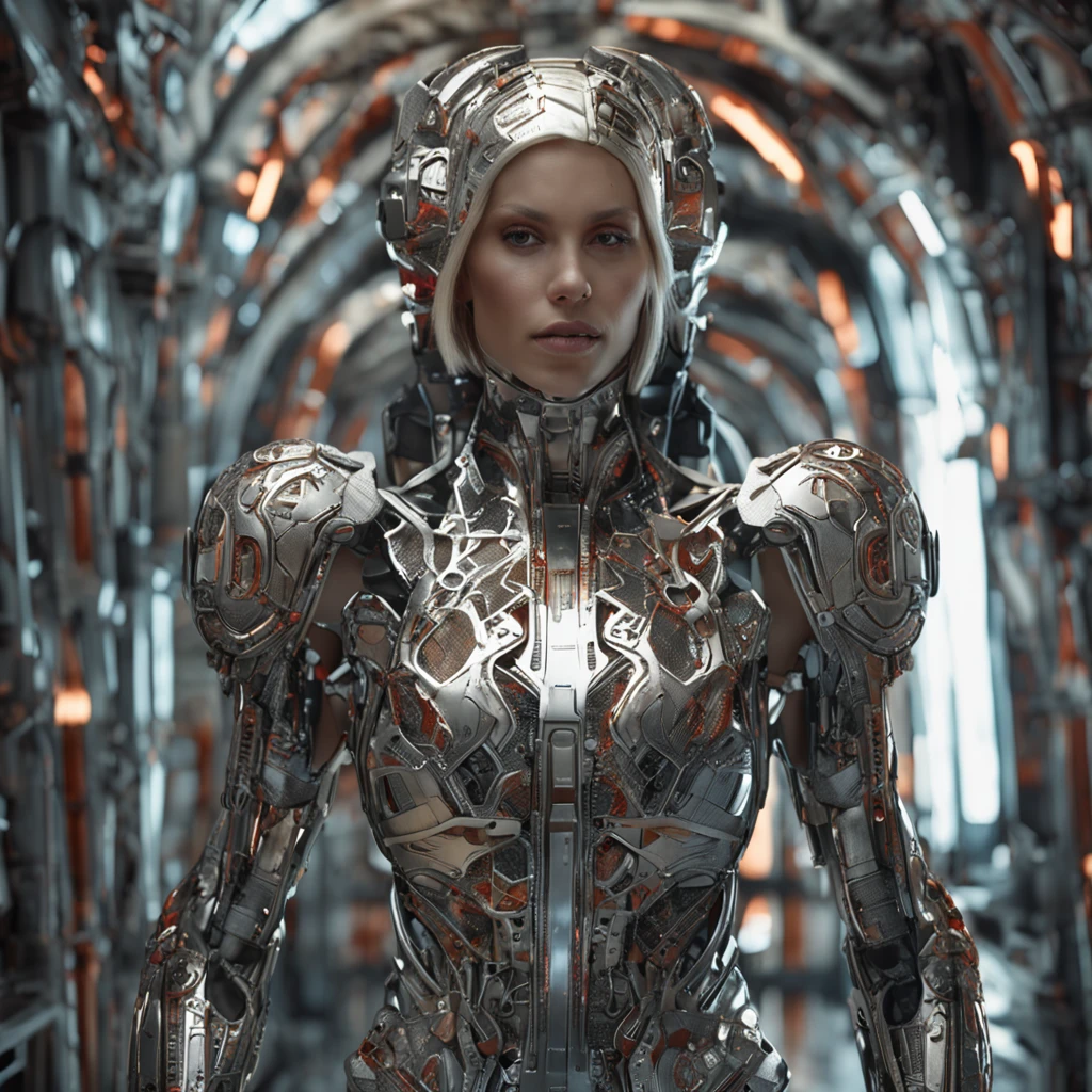 fashion shot of a beautiful woman blond super model in cybernetic suit, "red lips" and black, high fashion, perfect composition, beautiful detailed intricate insanely detailed octane render trending on artstation, 8 k artistic photography, photorealistic concept art, soft natural volumetric cinematic perfect light, chiaroscuro, award - winning photograph, masterpiece, oil on canvas, raphael, caravaggio, greg rutkowski, beeple, beksinski, giger, perfect composition, beautiful detailed intricate insanely detailed octane render trending on artstation, 8 k artistic photography, photorealistic concept art, soft natural volumetric cinematic perfect light, chiaroscuro, award - winning photograph, masterpiece, oil on canvas, raphael, caravaggio, greg rutkowski, beeple, beksinski, giger