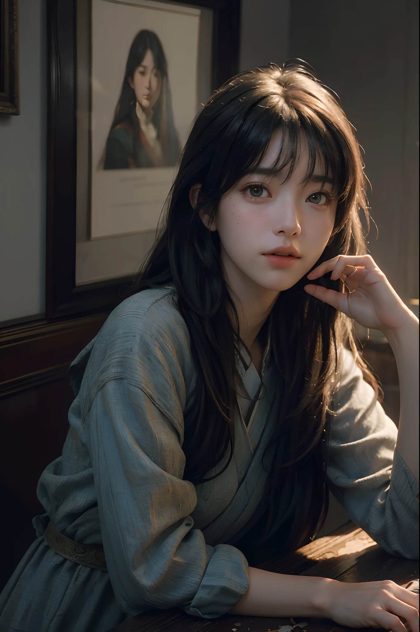 (RAW photo, best quality), (realistic, photo-realistic:1.3),best quality,highly detailed,masterpiece,ultra-detailed,illustration,1girl,upper_body,dynamic angle,world masterpiece theater,messy_long_hair,best quality,extremely detailed CG unity 8k wallpaper,ink,Amazing,cinematic lighting,lens_flare, dunhuang_style