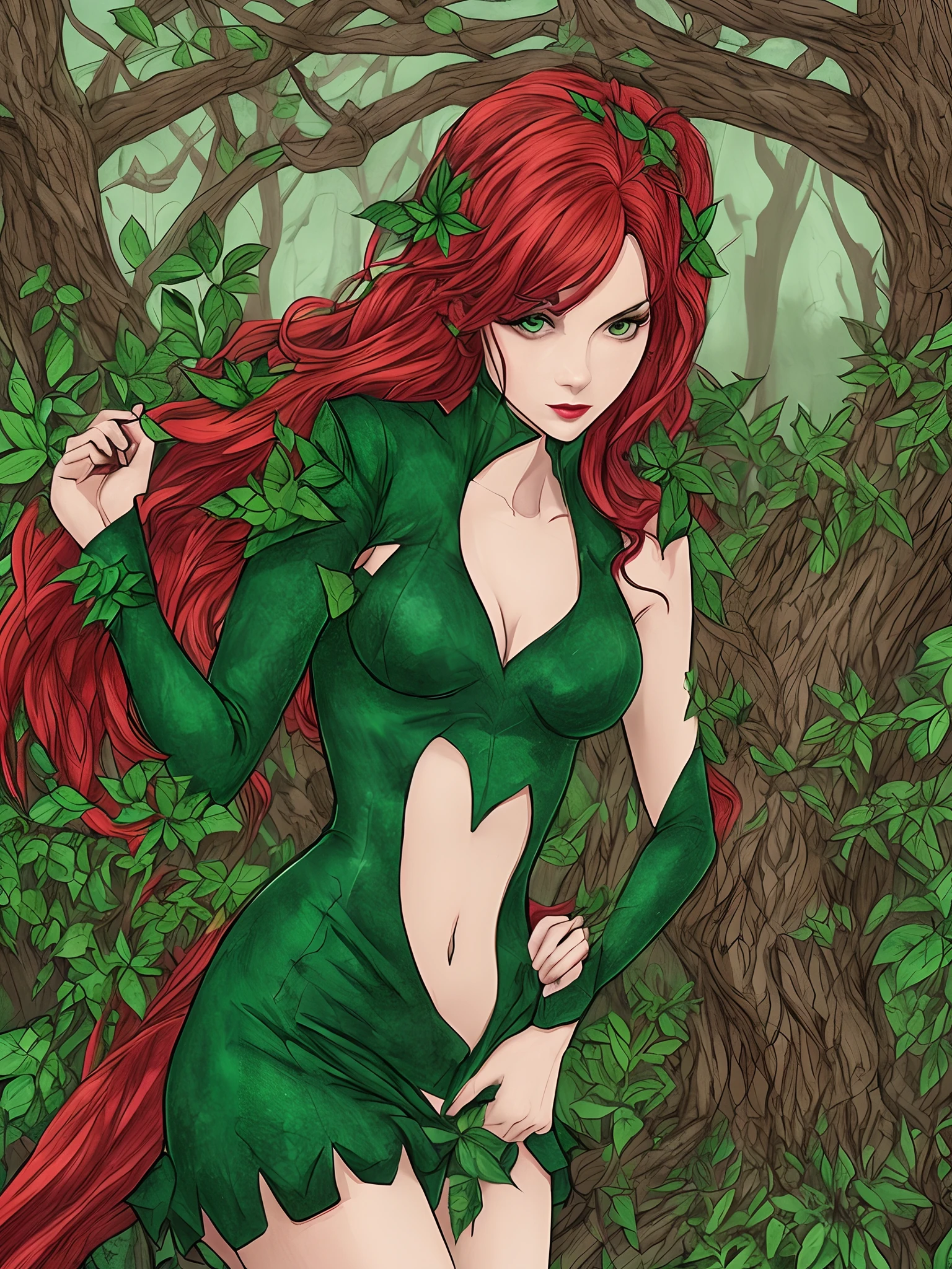 a drawing of a woman in a green and red costume, concept art inspired by Daphne Allen, trending on deviantart, art nouveau, poison ivy from batman, poison ivy, emma stone poison ivy dc comics, emma watson as poison ivy, full body portrait of jean grey, emma stone poison ivy, nature goddess, queen of the forest, queen of nature