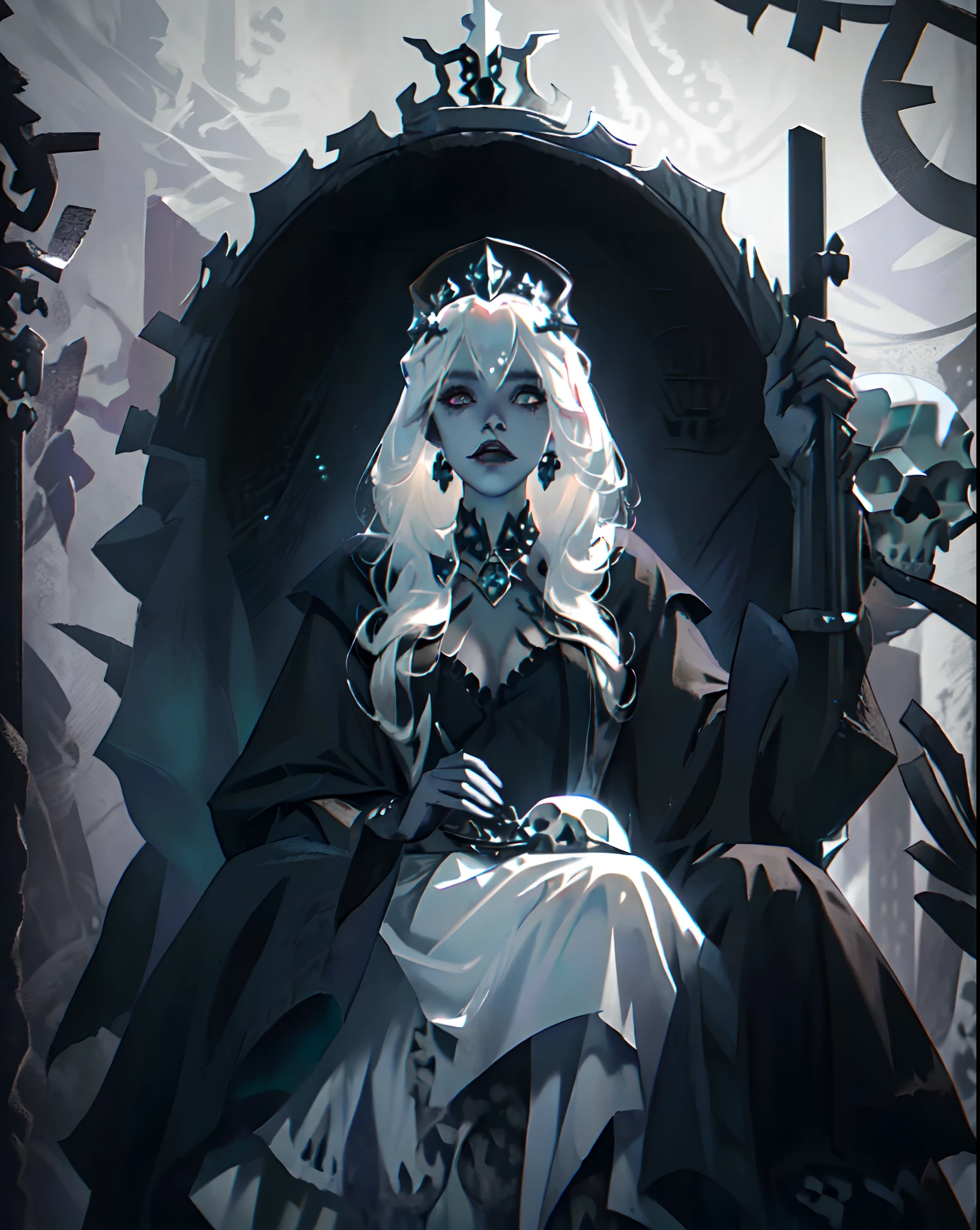 a woman with white hair and a crown, (((surrounded by skulls))), with a crown of skulls, scary queen of death, the witch queen, queen of death, wearing a crown made of antlers, gothic maiden shaman, saint skeleton queen, queen of the underworld, goddess of death, queen of the forest, black metal aesthetics, white horns queen demon, dark goth queen, in the forest, a dark forest in the background