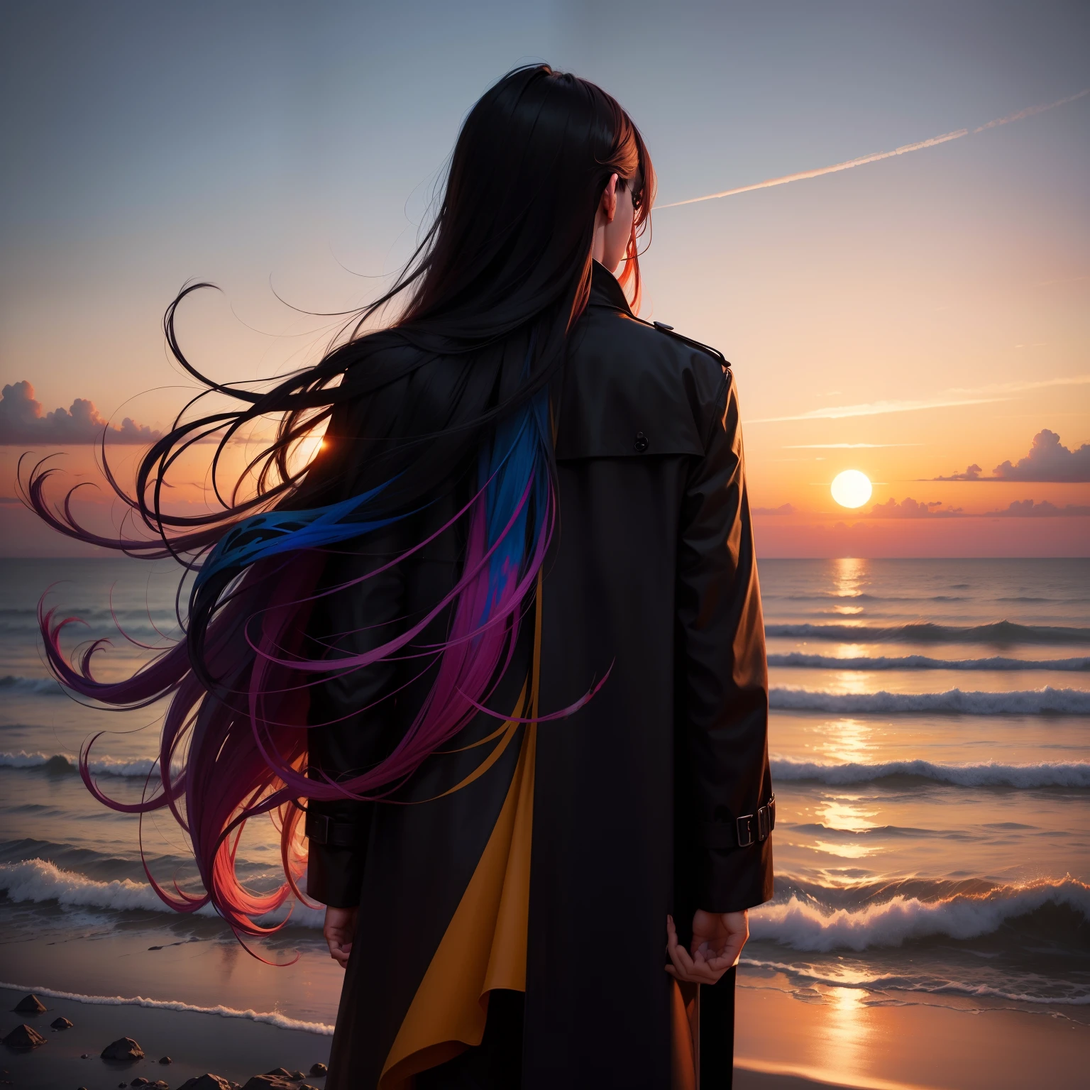 (Best image quality + Brilliant and colorful painting style) HD long hair man back,a black trench coat,sunset backdrop