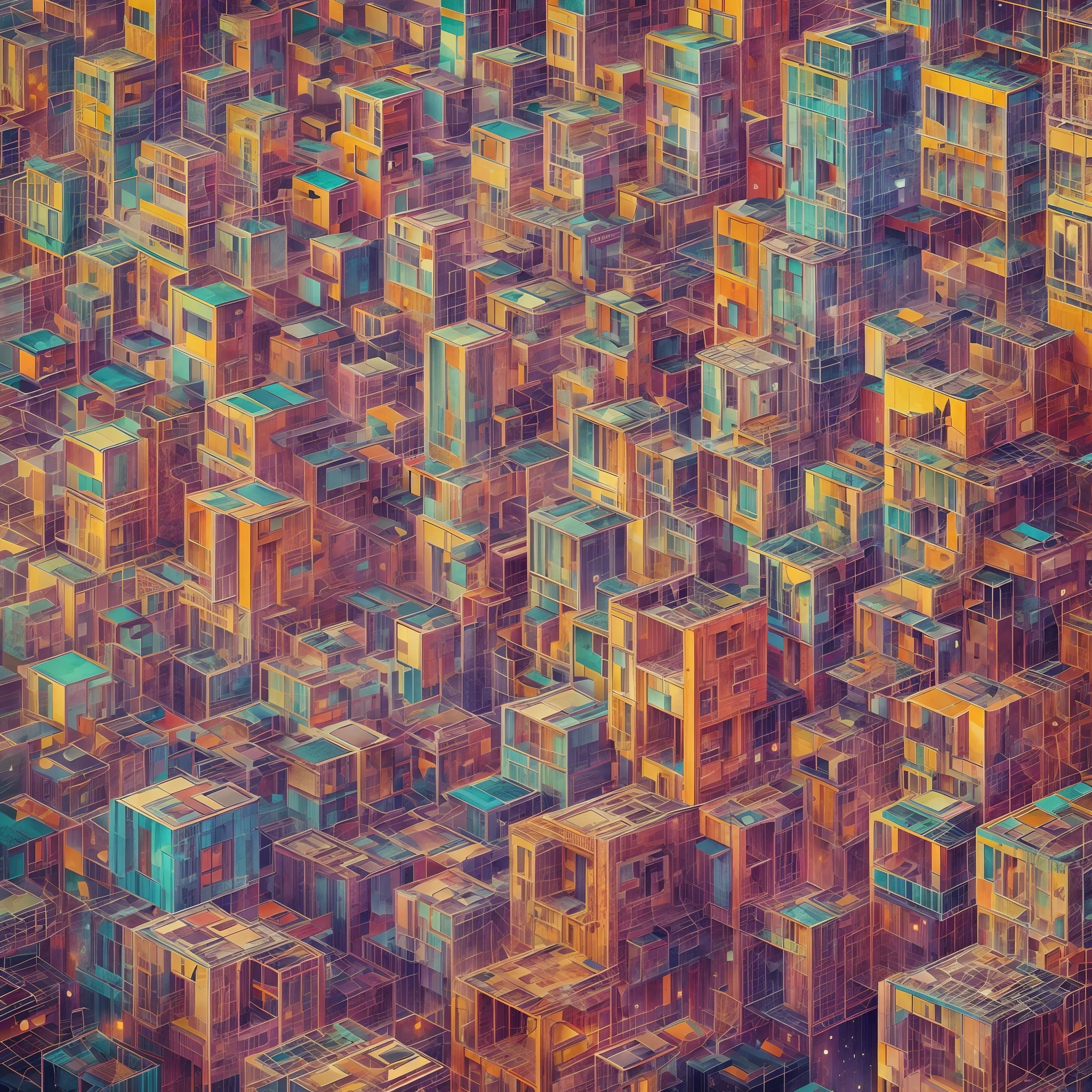 Ultrafine Hyperdetailed drawing (entitled "Abandoned City"), by ([\(Eugenia ****\) : \(tang yau hoong\): .5]), (stylized and well-balanced geometric design: 1.2), \(data structure\), NodesTech, data-space, minimal, beautifully detailed, understated aesthetic, retro psychedelic, sacred (supersymmetry), visionary (optical illusion), visually appealing matte glitch art , deep roots, fuzzy-logic, (aesthetic beauty), intentional cohesion, cerebral coherence, lavish, vibrant, vivid, (regenerative), beautifully colored.