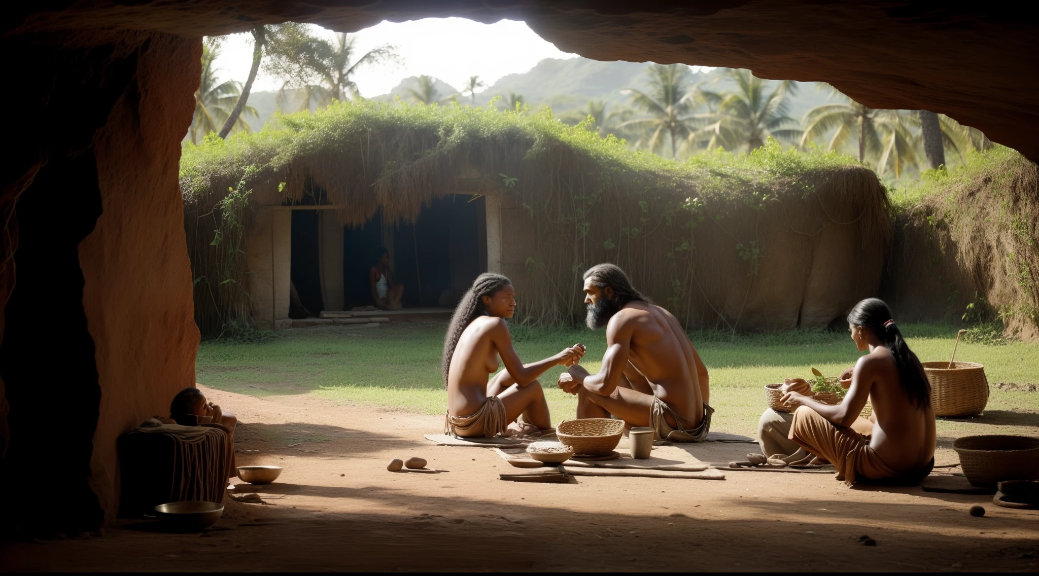 in a plantation environment, Cave man and woman are living together in a civilization,com suas familias