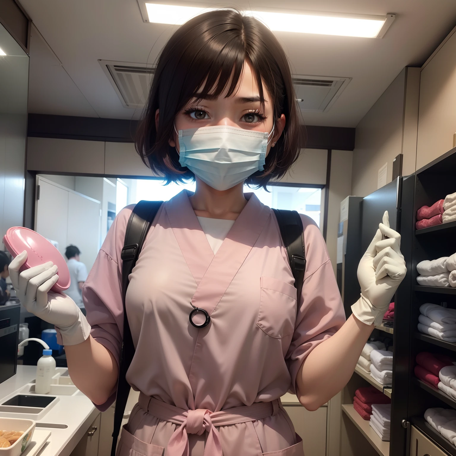 A Japanese Lady、20yr old、Embarrassing and embarrassed、Human skin feel、Realistic Woman、Dental Hygienist、dentistry、dentist、Solo Shot、short-cut、surgical mask、masks、gloves、rubber glove、