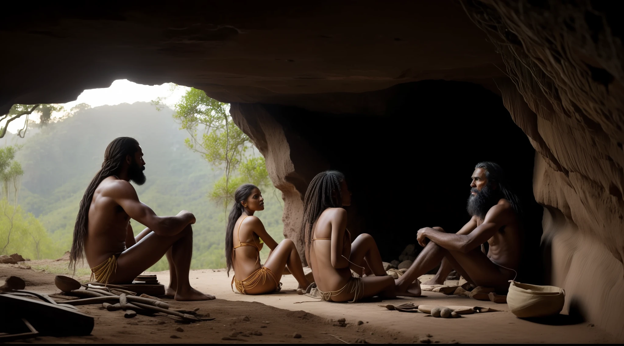 in a plantation environment, Cave man and woman are living together in one civilization,com suas familias