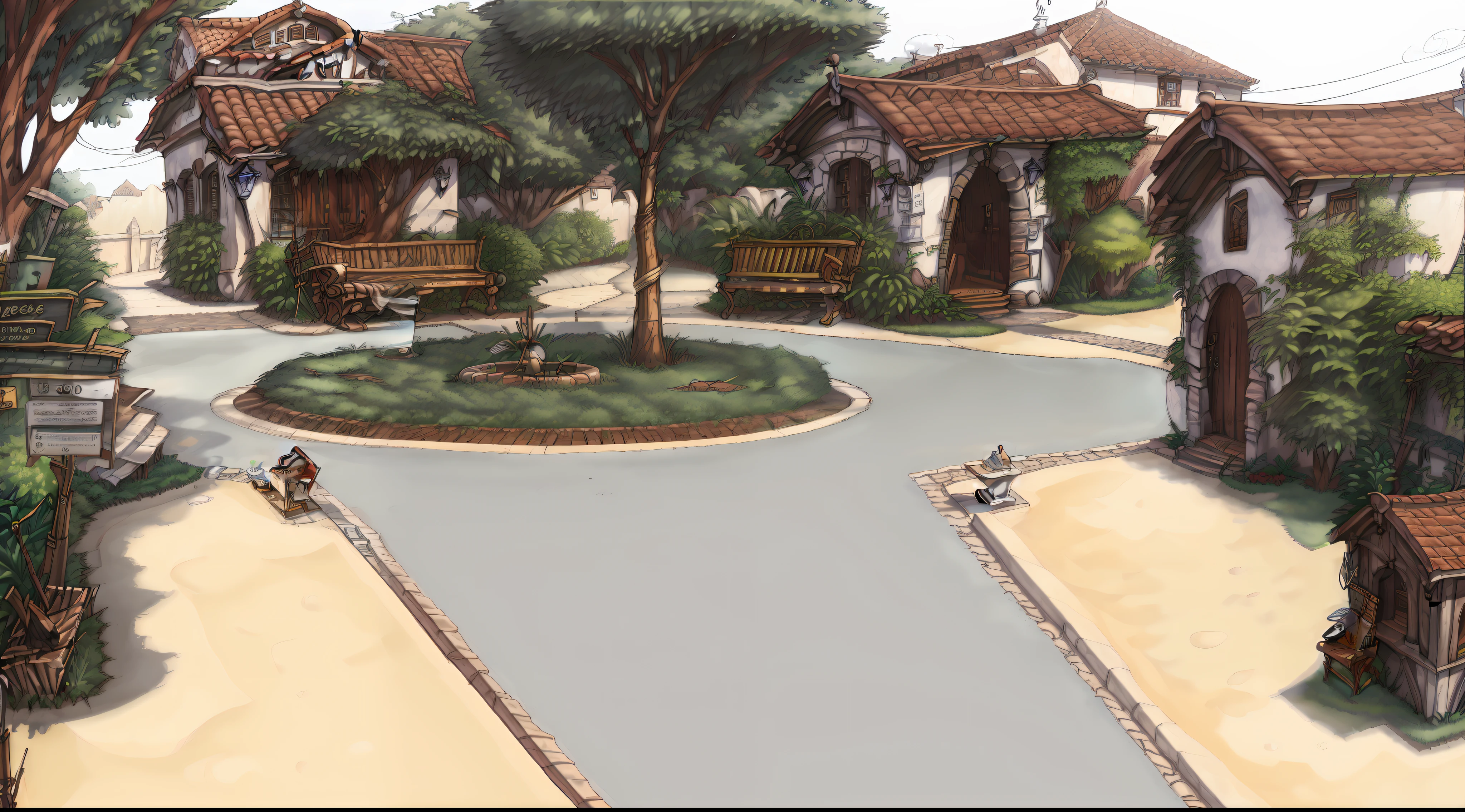 There is a drawing of a courtyard with a tree and a bench, 3 / 4 view, 3/4 view, estabelecendo tiro, Arremesso longo, Detailed rendering, residential area, digital render, residencial, Barycentric subdivision, realista estabelecendo tiro, 3 d renders, fechar o tiro de estabelecimento, a digital rendering, 3D rendering, 3D-rendering, renderizado, aquarela