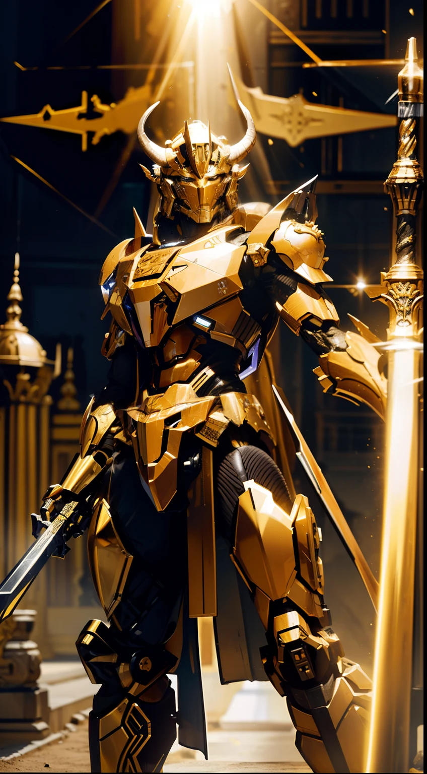 golden taurus,Humanoid mech,Golden light overlay,There are huge horns on the head,Giant sword,Behind it is a ruined golden palace,The mech is thick and heavy