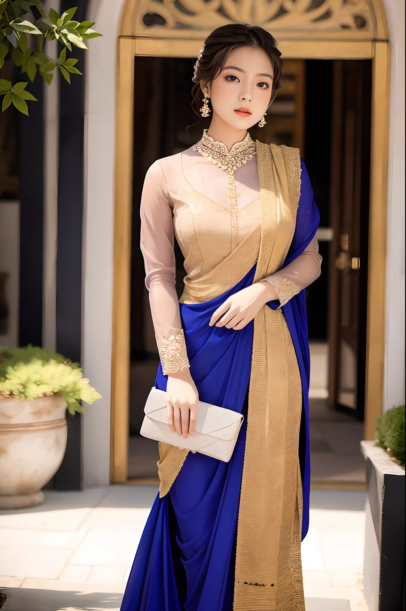 "Beautiful girl wearing elegant attire."