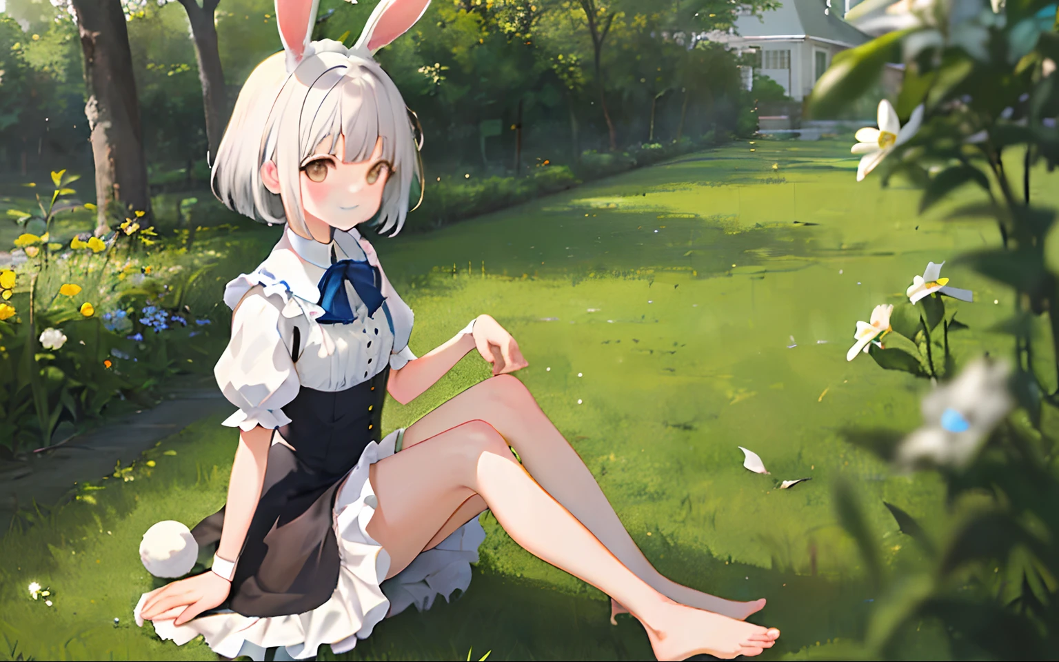 ((Masterpiece,Best quality)),1girll, Solo, Animal ears, Rabbit, Barefoot, Knees up, dress, Sitting, Rabbit ears, Short sleeves, view the viewer, Grass, Short hair, Smile, White hair, Puffy sleeves, Outdoors, puffy short sleeves, bangs, on ground, full bodyesbian, Animal, White dress, Sunlight, Brown eyes, Dappled sunlight, day, Depth of field