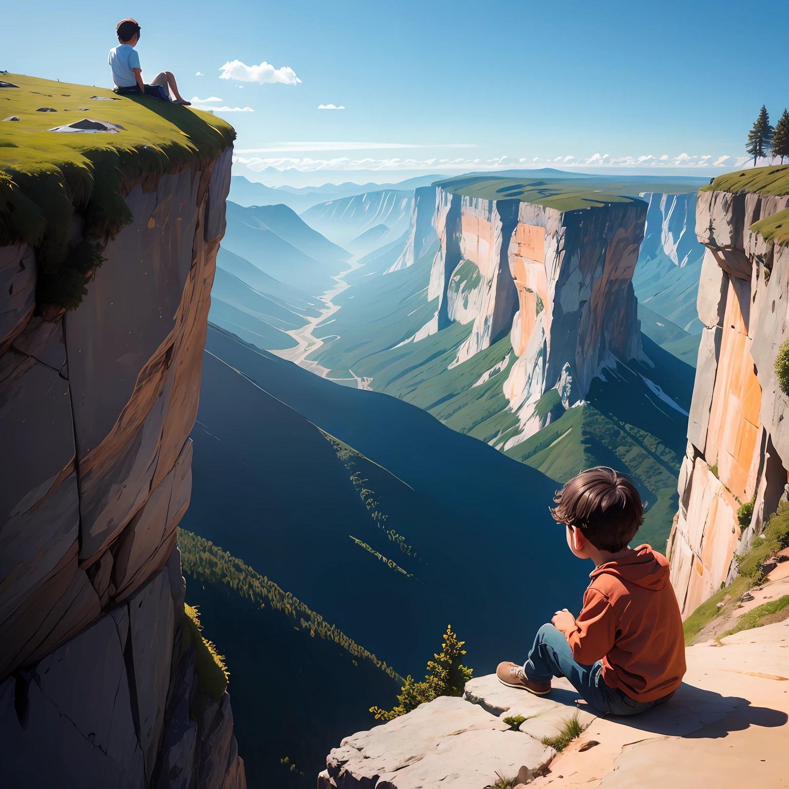 A little boy sits on the edge of a cliff,Curiosamente observando o sol nas montanhas aparecer das nuvens
