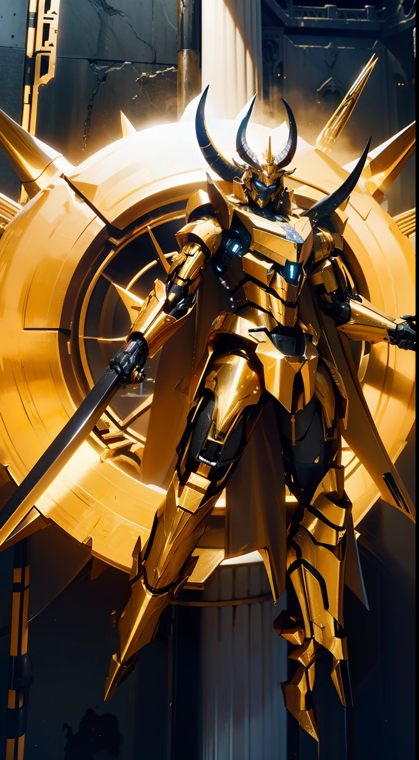 golden taurus，Humanoid mech，Golden light overlay，There are huge horns on the head，Giant sword，Behind it is a ruined golden palace，The mech is thick and heavy