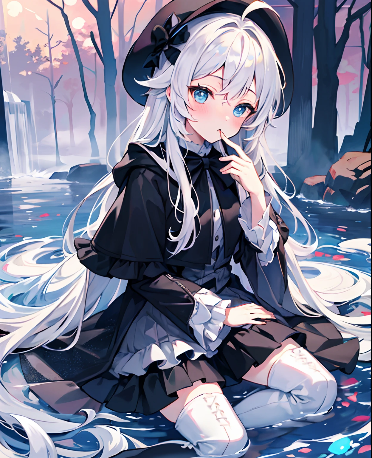 tmasterpiece， Best quality at best， against backlight at dusk， dolls， ahoge， Hair over the shoulder， long  white hair， Water-colored eyes， blush of nose， eBlue eyes， bucket-hat， cloaks， Gothic_ta， beret， hand_To_Mouth，thigh boots，Absolute realm，thigh boots，your legs