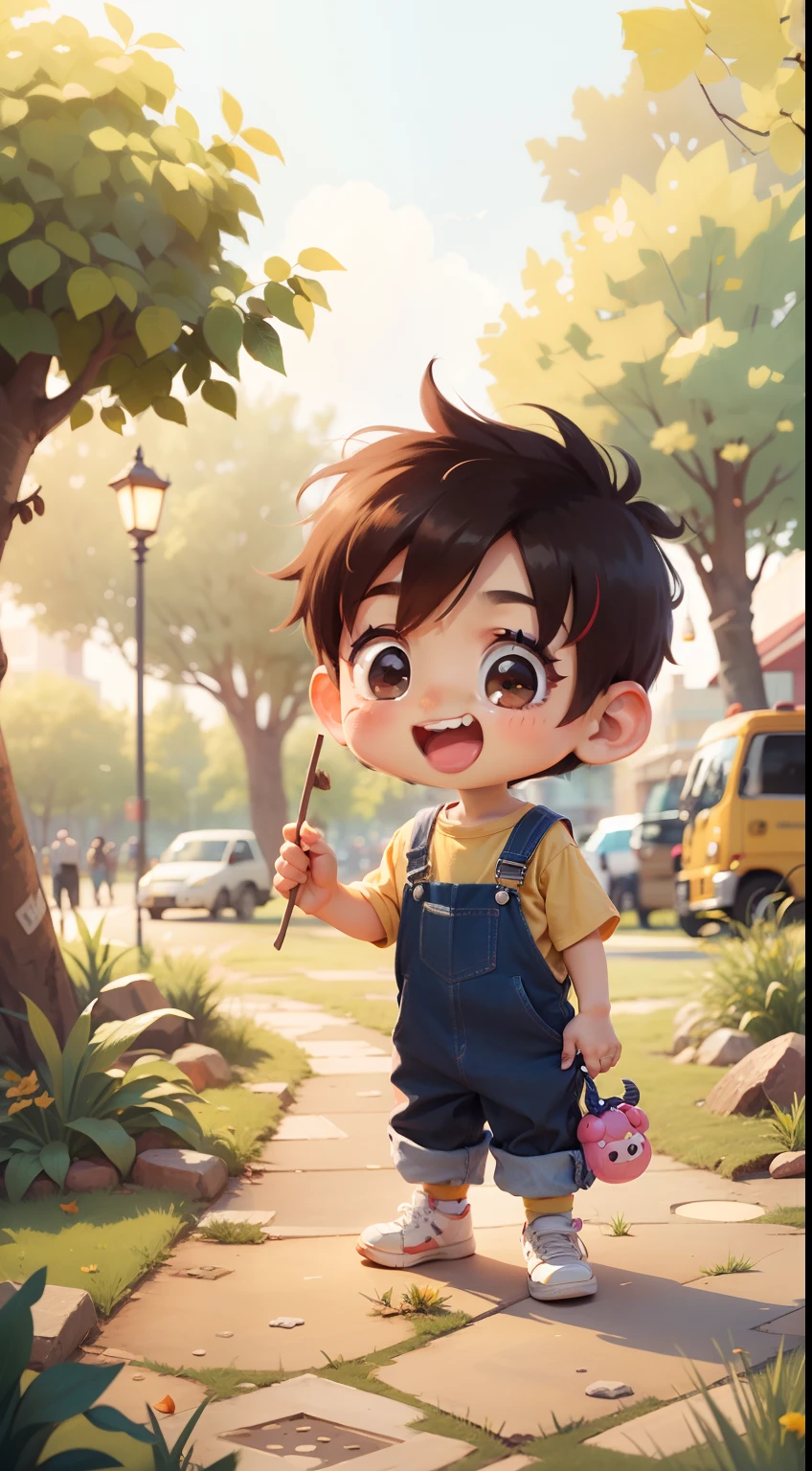 Cheerful, chibi boy, park, black eyes, wearing overalls