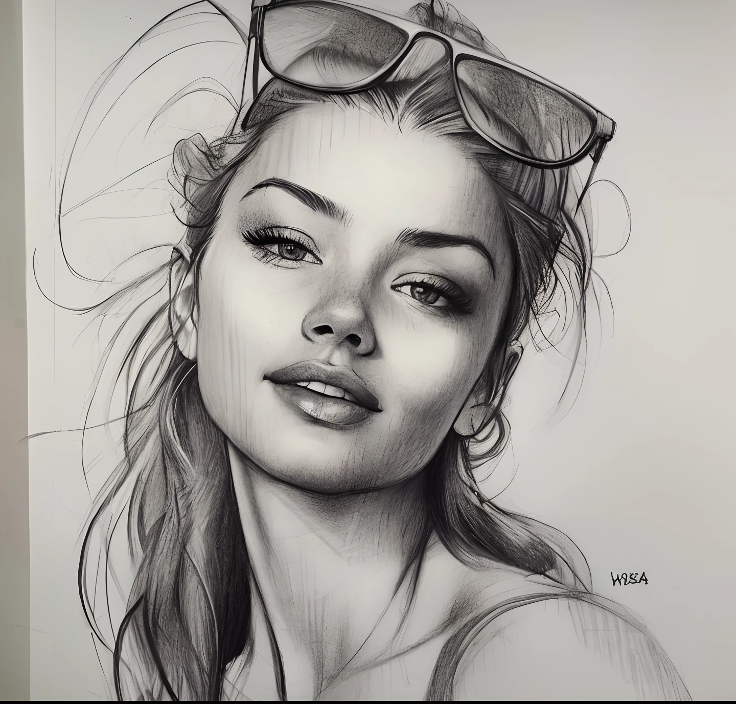 Un dibujo de una mujer con gafas de sol en la cabeza, Boceto realista, Boceto hiperrealista, Arte de boceto, Dibujo realista, pencil draw, pencil sketch, Arte de boceto de alta calidad, Dibujo de boceto, Hermoso retrato detallado, Dibujo impresionante, Dibujo realista, art sketch, Dibujo detallado de 4K, Detailed pencil sketch, hermoso dibujo, artistic drawing, Hermoso estilo de dibujo