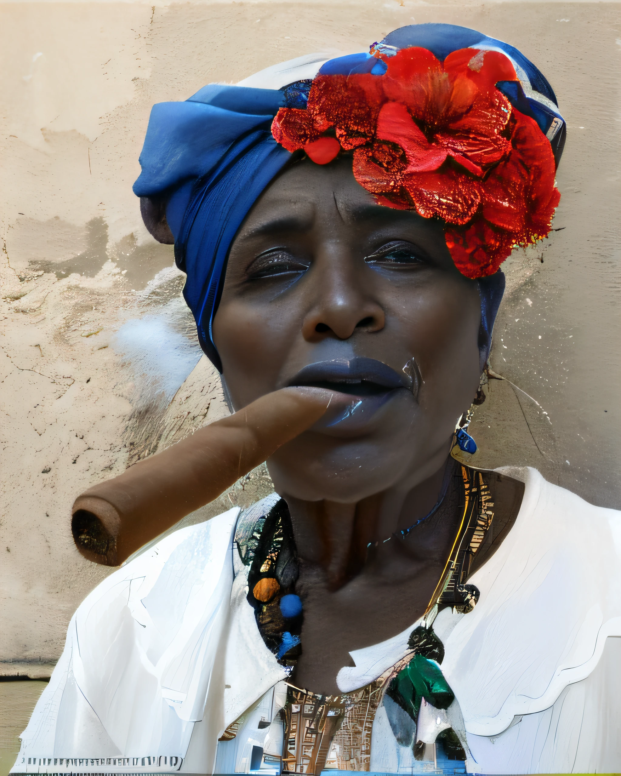 Woman with a blue turban smoking a cigar and wearing a flower band on her head, enquanto fuma um charuto, Mulher de 30 anos de Cuba, com charuto, Mulheres cubanas em Havana, uma senhora velha com pele vermelha, charuto, charuto para fumar, Fumar um charuto grande, fumar um charuto, fumar um charuto grosso, Velha, an old lady