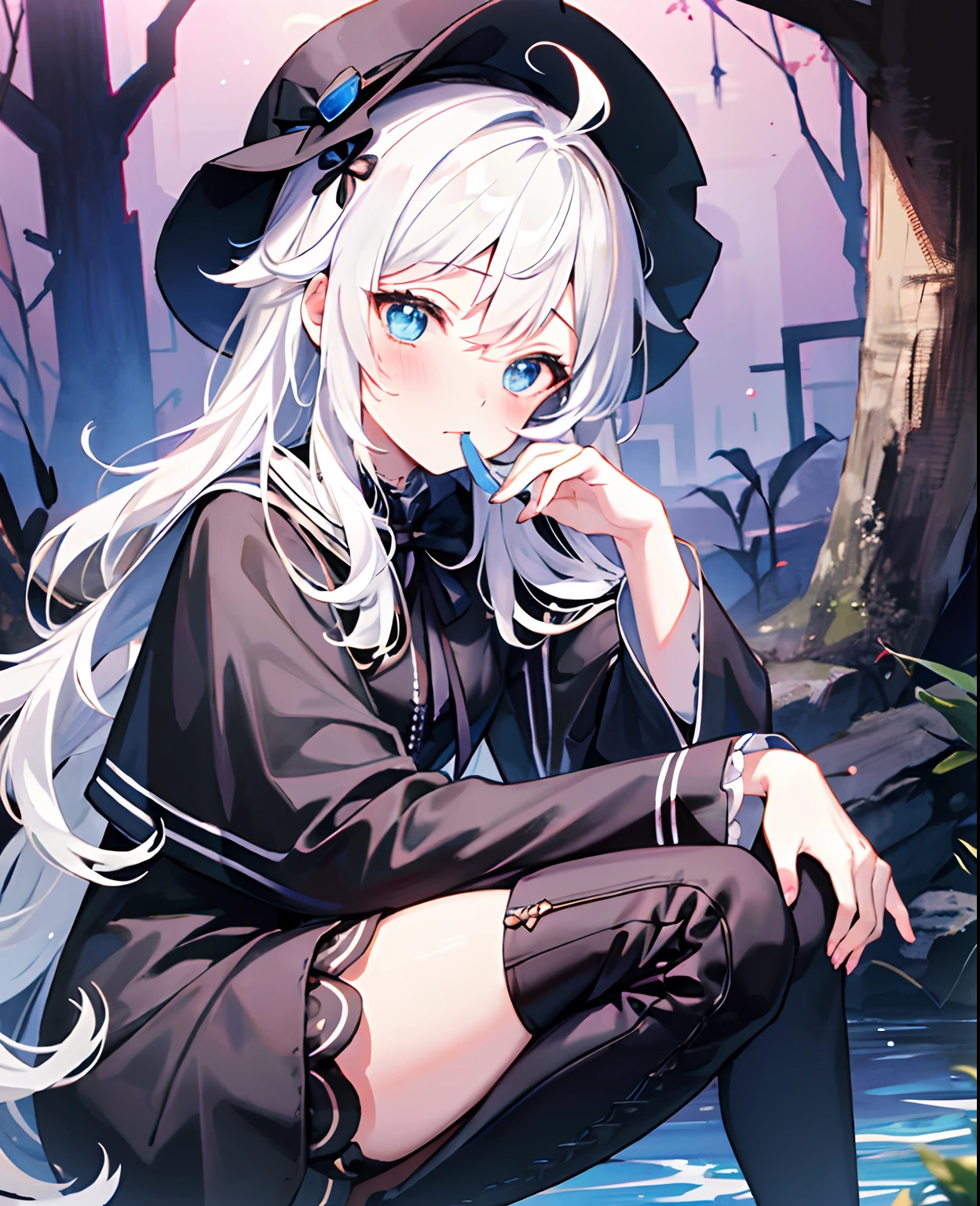 tmasterpiece， Best quality at best， against backlight at dusk， dolls， ahoge， Hair over the shoulder， White hair， Water-colored eyes， blush of nose， eBlue eyes， bucket-hat， cloaks， Gothic_Lolita， beret， hand_To_Mouth，thigh boots，half squatting