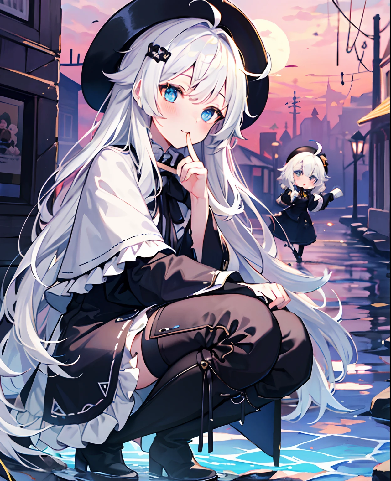 tmasterpiece， Best quality at best， against backlight at dusk， dolls， ahoge， Hair over the shoulder， White hair， Water-colored eyes， blush of nose， eBlue eyes， bucket-hat， cloaks， Gothic_Lolita， beret， hand_To_Mouth，thigh boots，half squatting